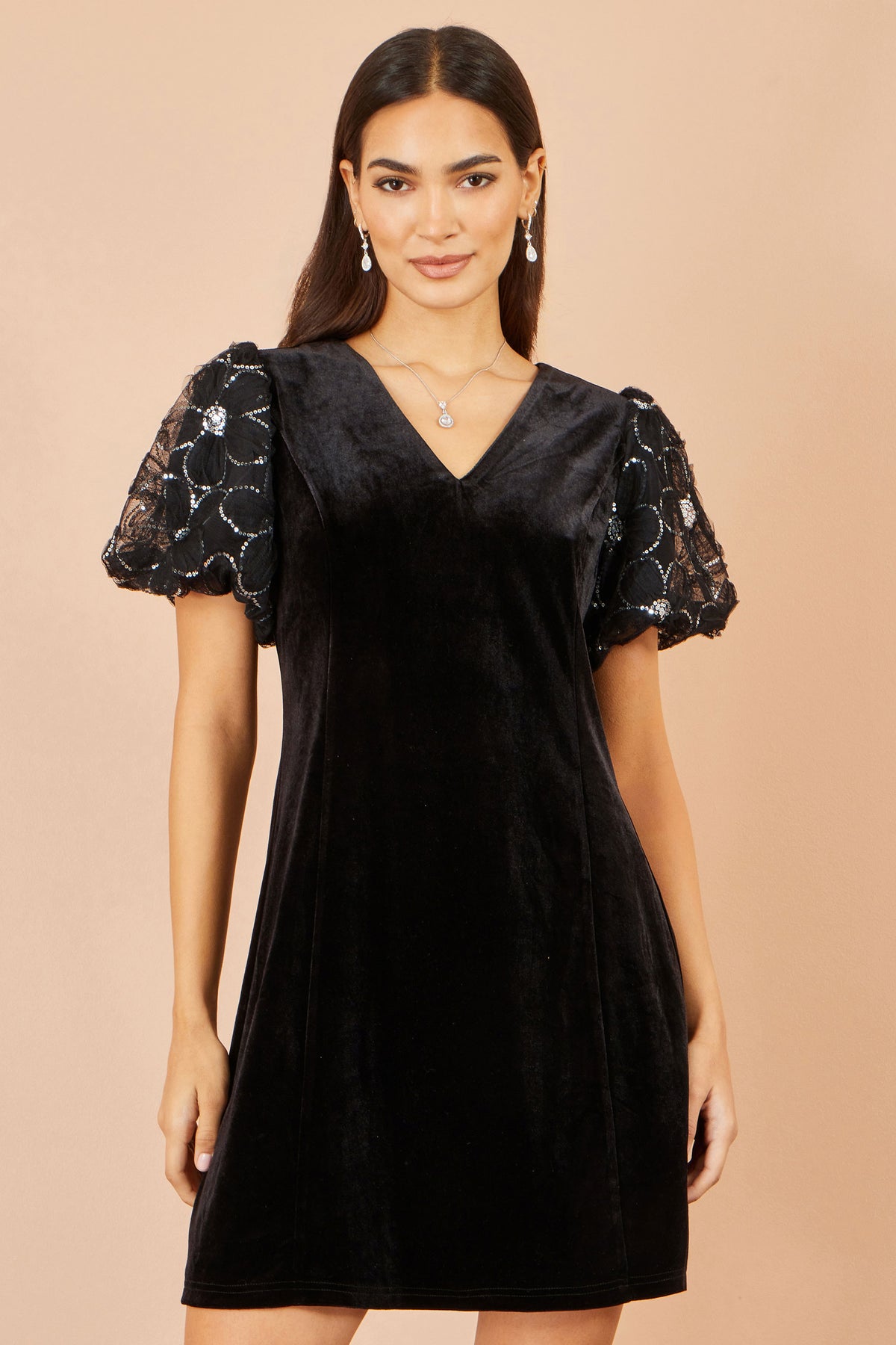 Yumi Black Velvet Tunic With Sequin Puff Sleeves Dress Party Yumi