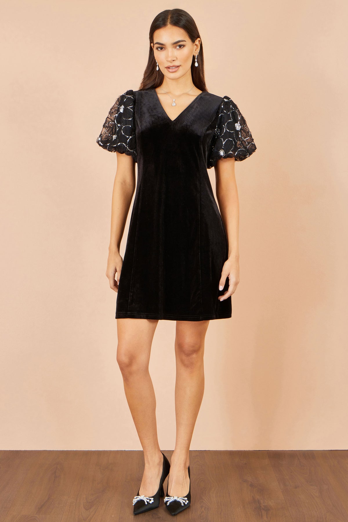 Yumi Black Velvet Tunic With Sequin Puff Sleeves Dress Party Yumi