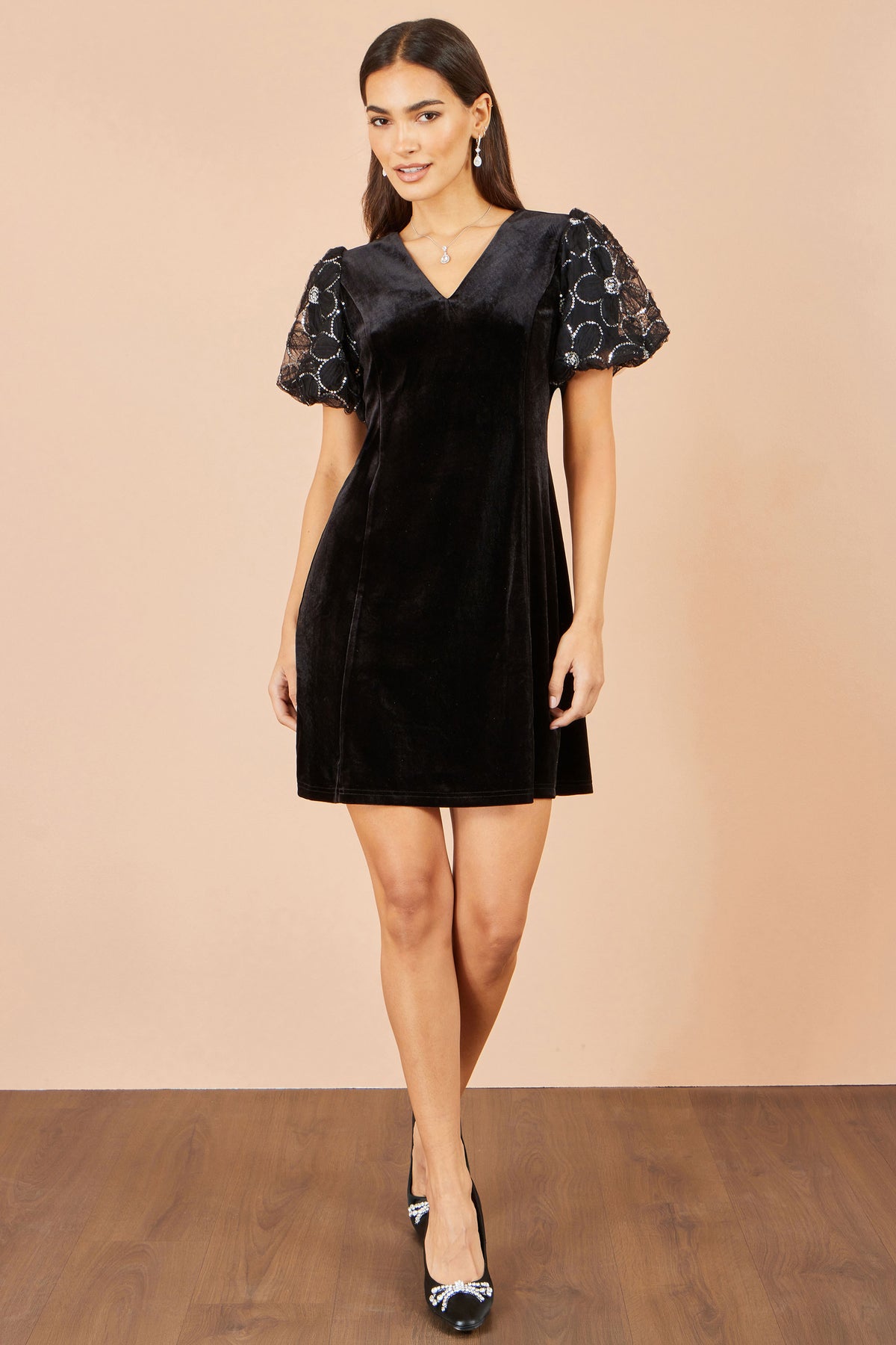 Yumi Black Velvet Tunic With Sequin Puff Sleeves Dress Party Yumi