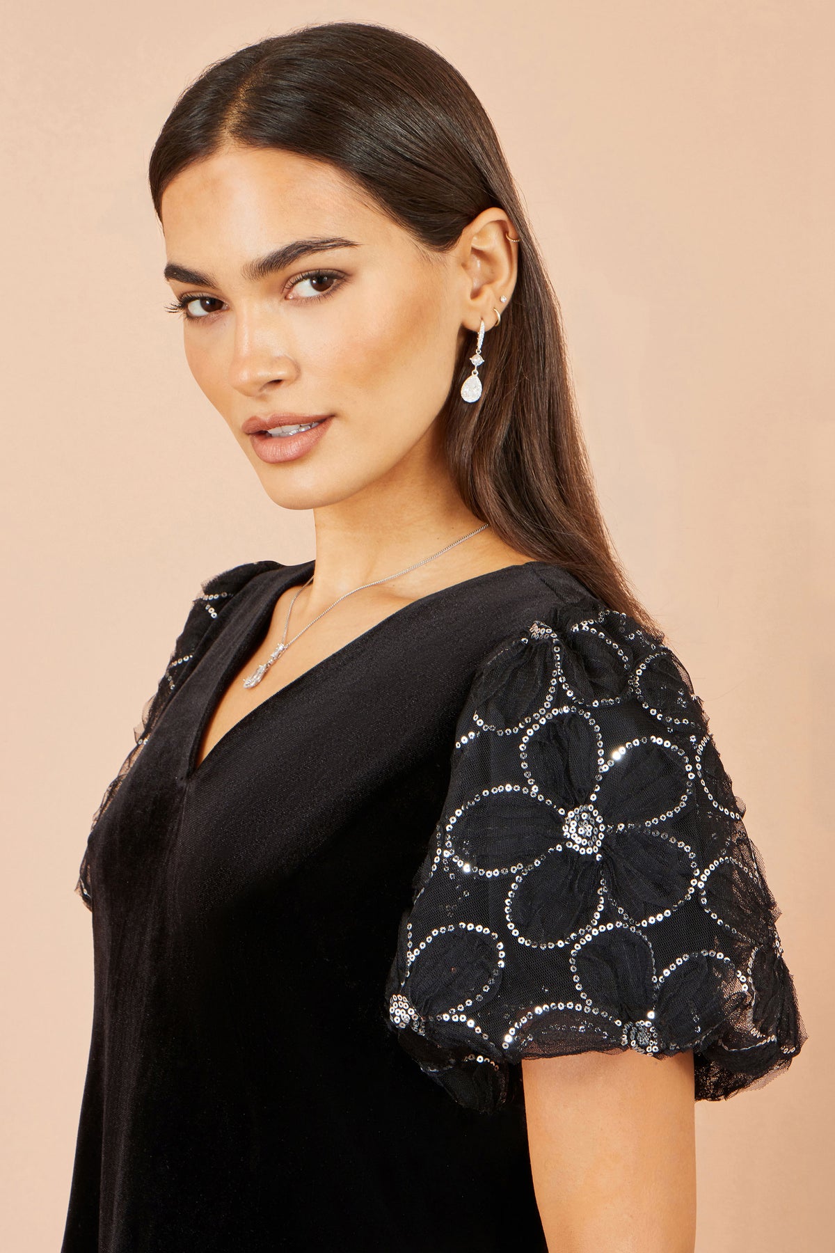 Yumi Black Velvet Tunic With Sequin Puff Sleeves Dress Party Yumi