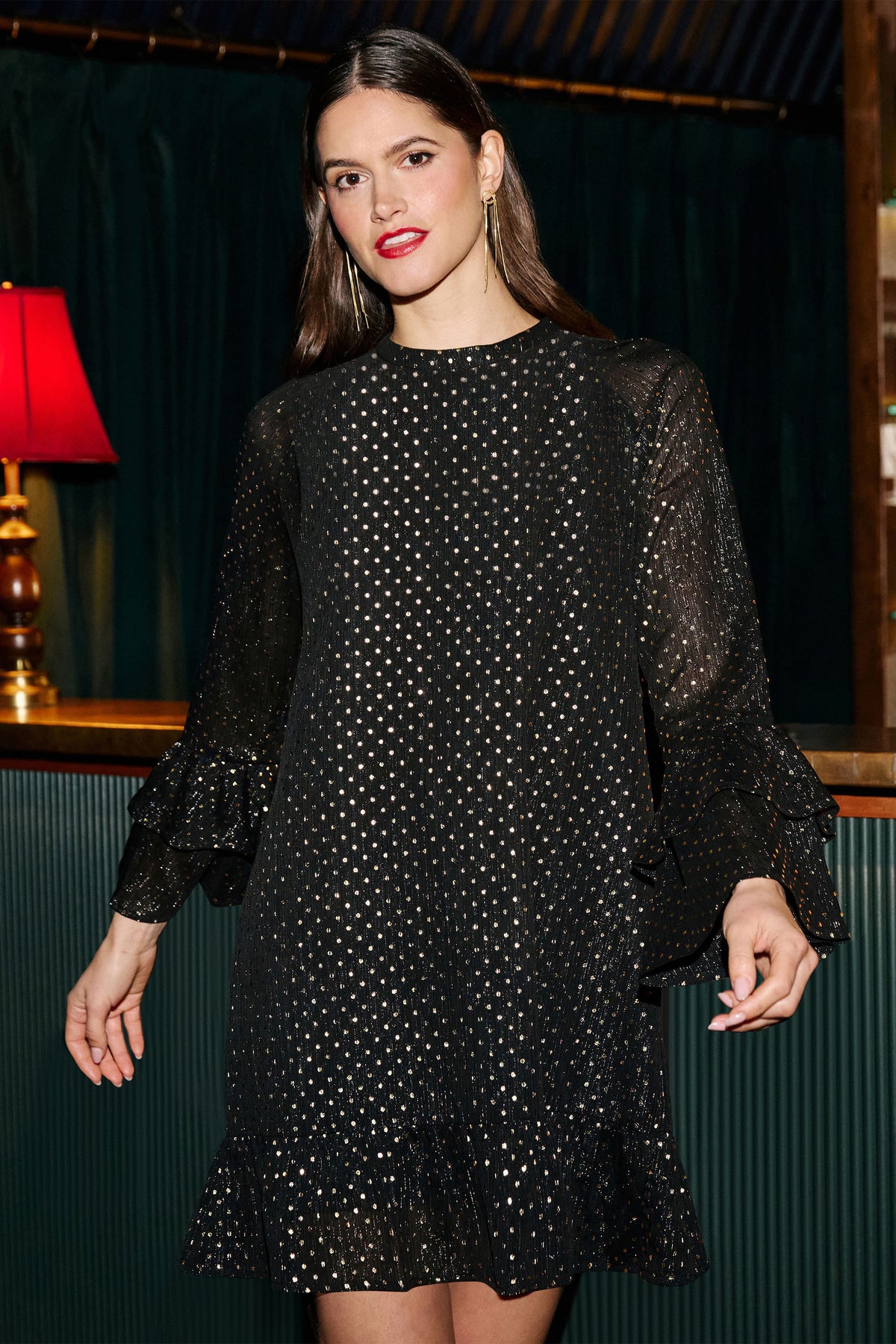 Yumi Black Foil Print Tunic With Flared Sleeves Dress Party Yumi