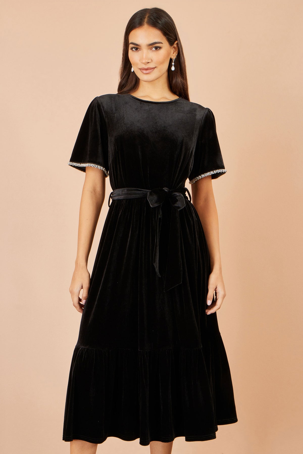 Yumi Black Velvet Midi Dress With Embellished Sleeve Dress Party Yumi