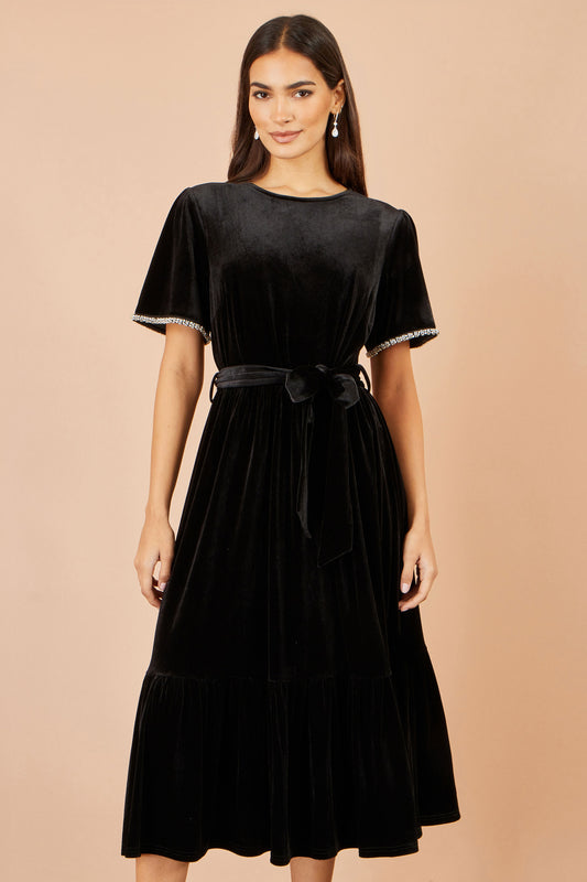 Yumi Black Velvet Midi Dress With Embellished Sleeve Dress Party Yumi