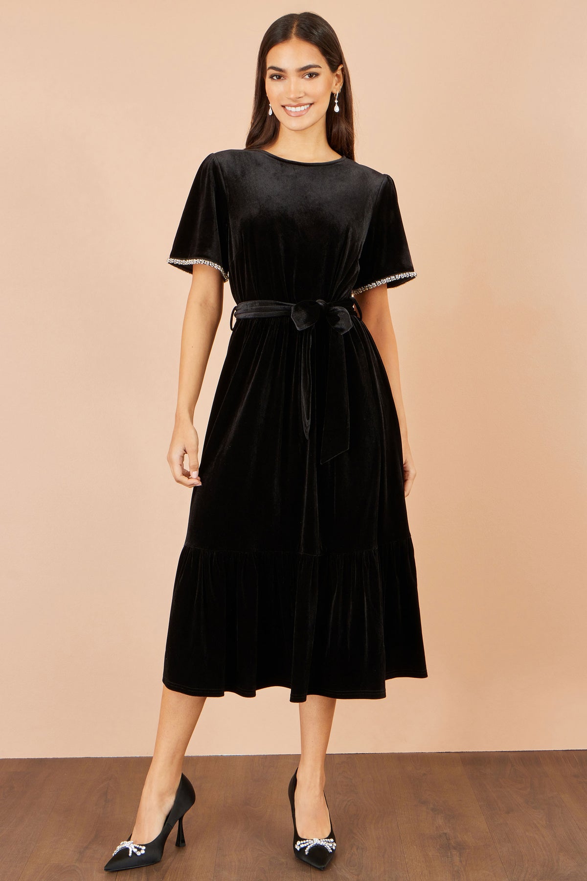 Yumi Black Velvet Midi Dress With Embellished Sleeve Dress Party Yumi