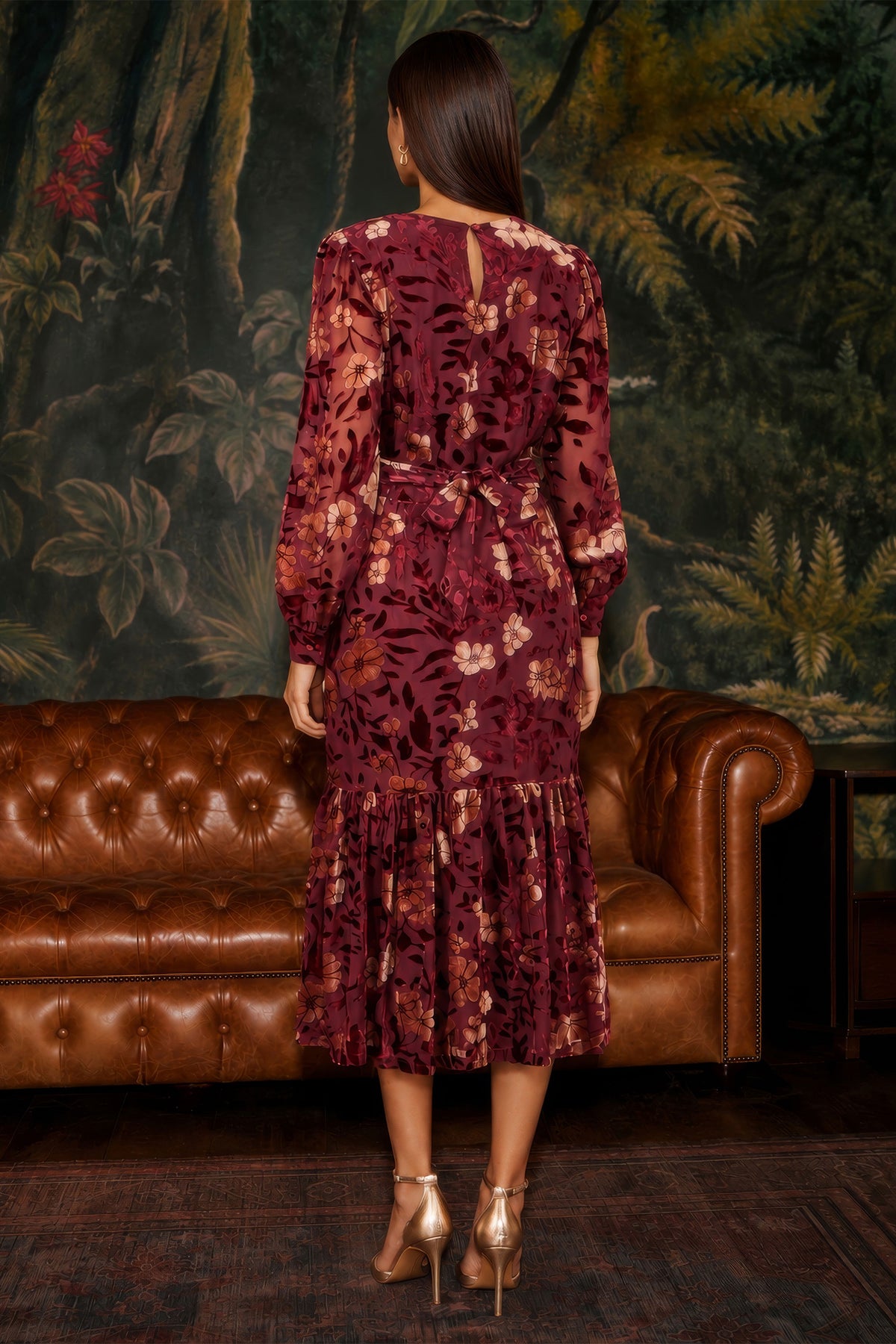 Yumi Burgundy Velvet Floral Midi Dress With Frill Dress Party Yumi