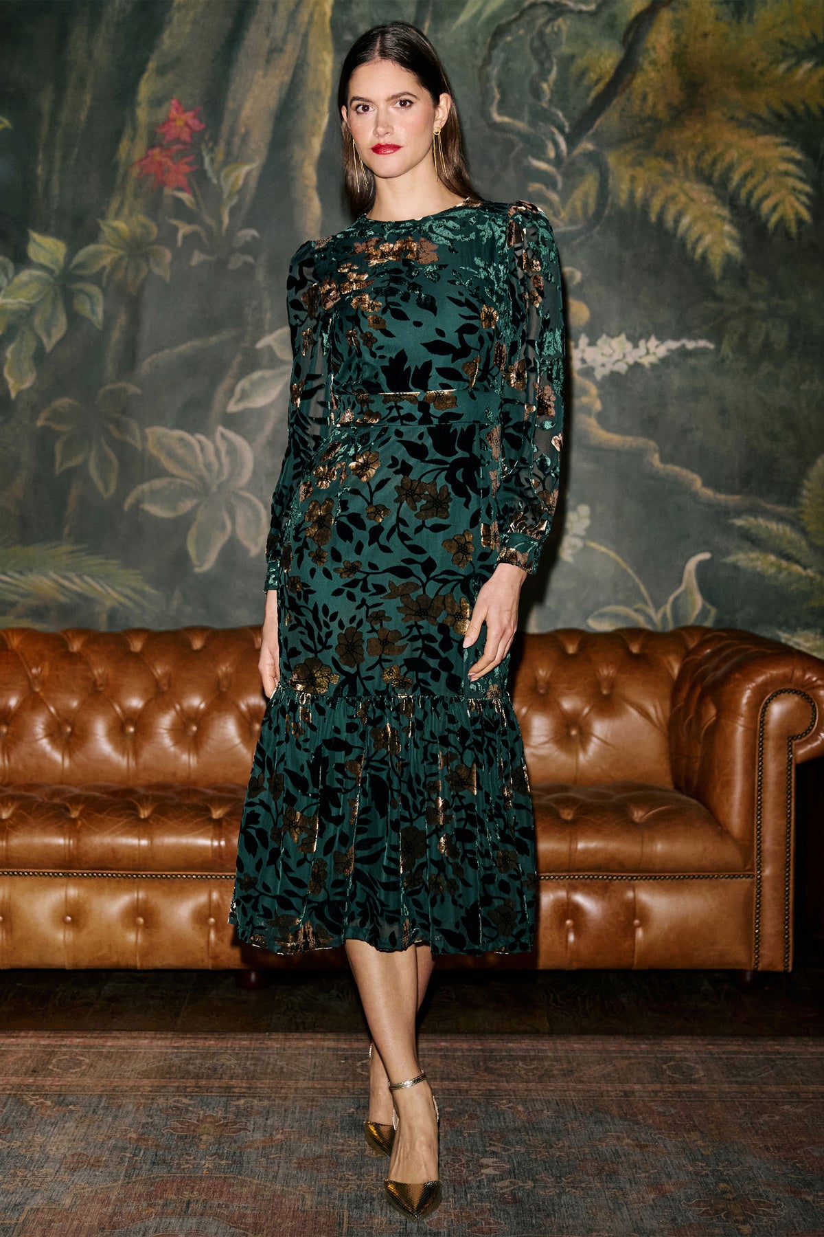 Yumi Green Velvet Floral Midi Dress With Frill Dress Party Yumi