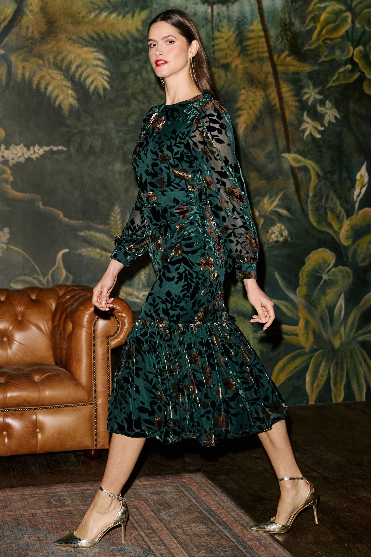 Yumi Green Velvet Floral Midi Dress With Frill Dress Party Yumi