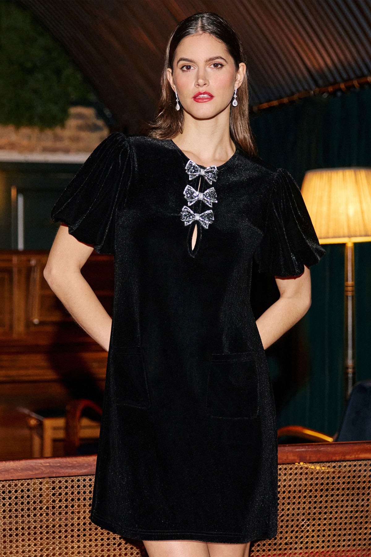 Yumi Black Velvet Embellished Bow Tunic Dress Dress Party Yumi