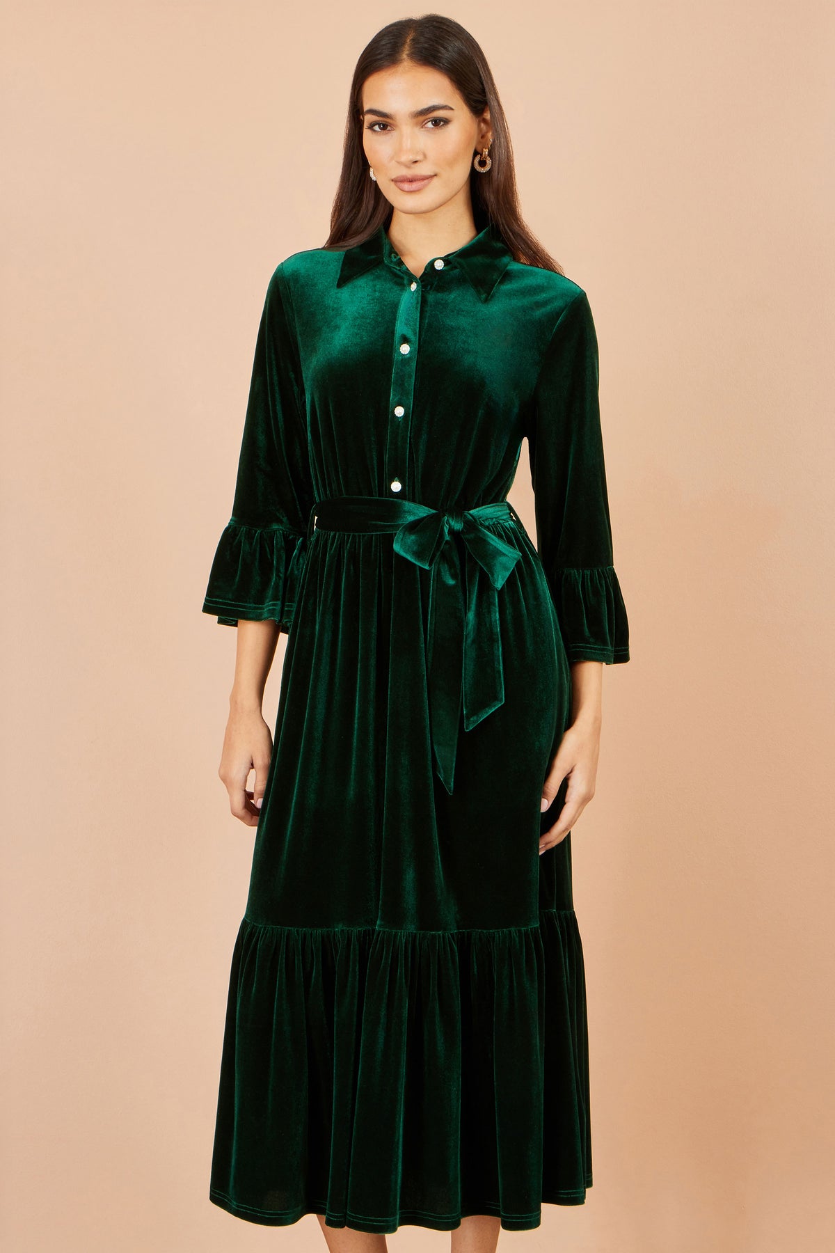 Yumi Green Velvet Midi Dress With Fluted Sleeves Dress Party Yumi