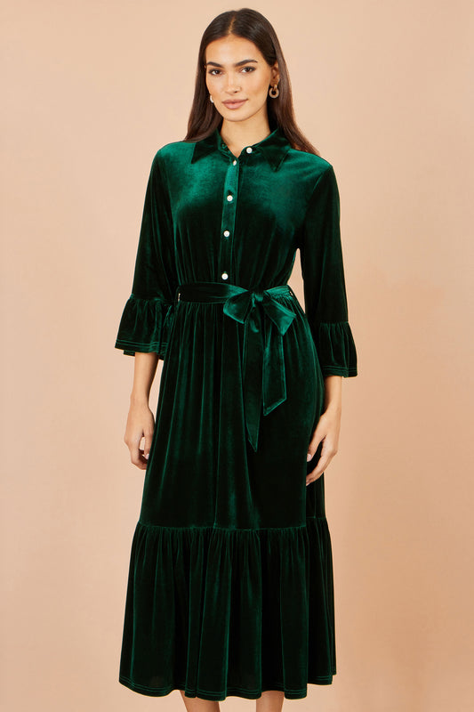 Yumi Green Velvet Midi Dress With Fluted Sleeves Dress Party Yumi