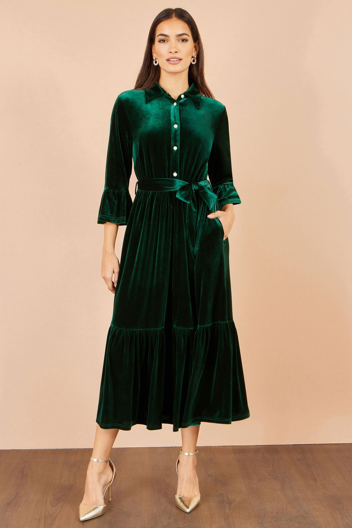 Yumi Green Velvet Midi Dress With Fluted Sleeves Dress Party Yumi