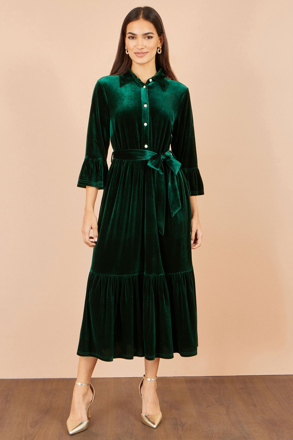 Yumi Green Velvet Midi Dress With Fluted Sleeves Dress Party Yumi