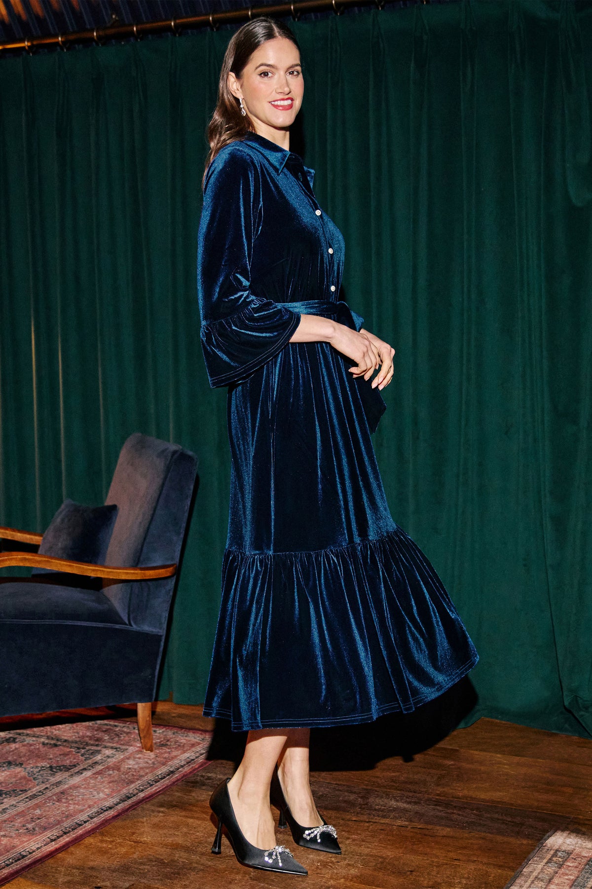 Yumi Teal Velvet Midi Dress With Fluted Sleeves Dress Party Yumi