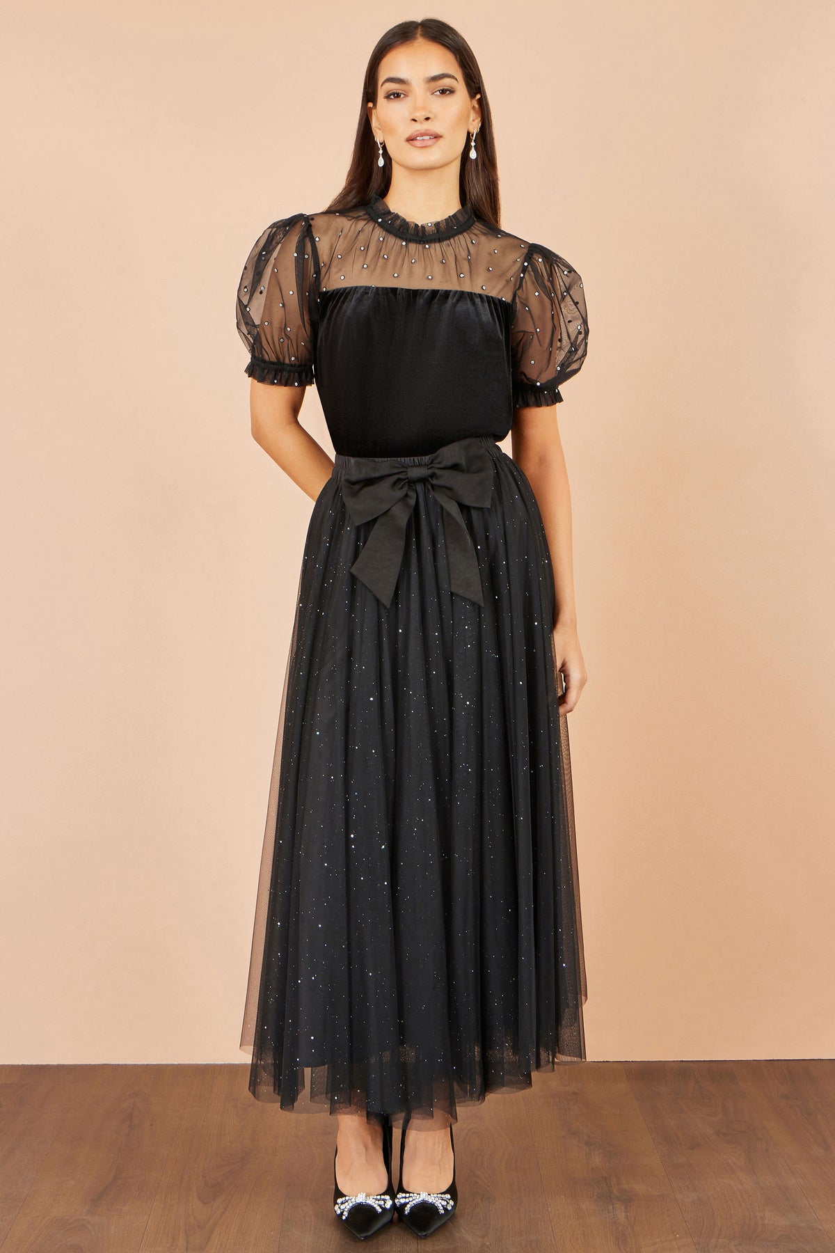 Yumi Black Velvet Mesh Embellished Top Tops Yumi