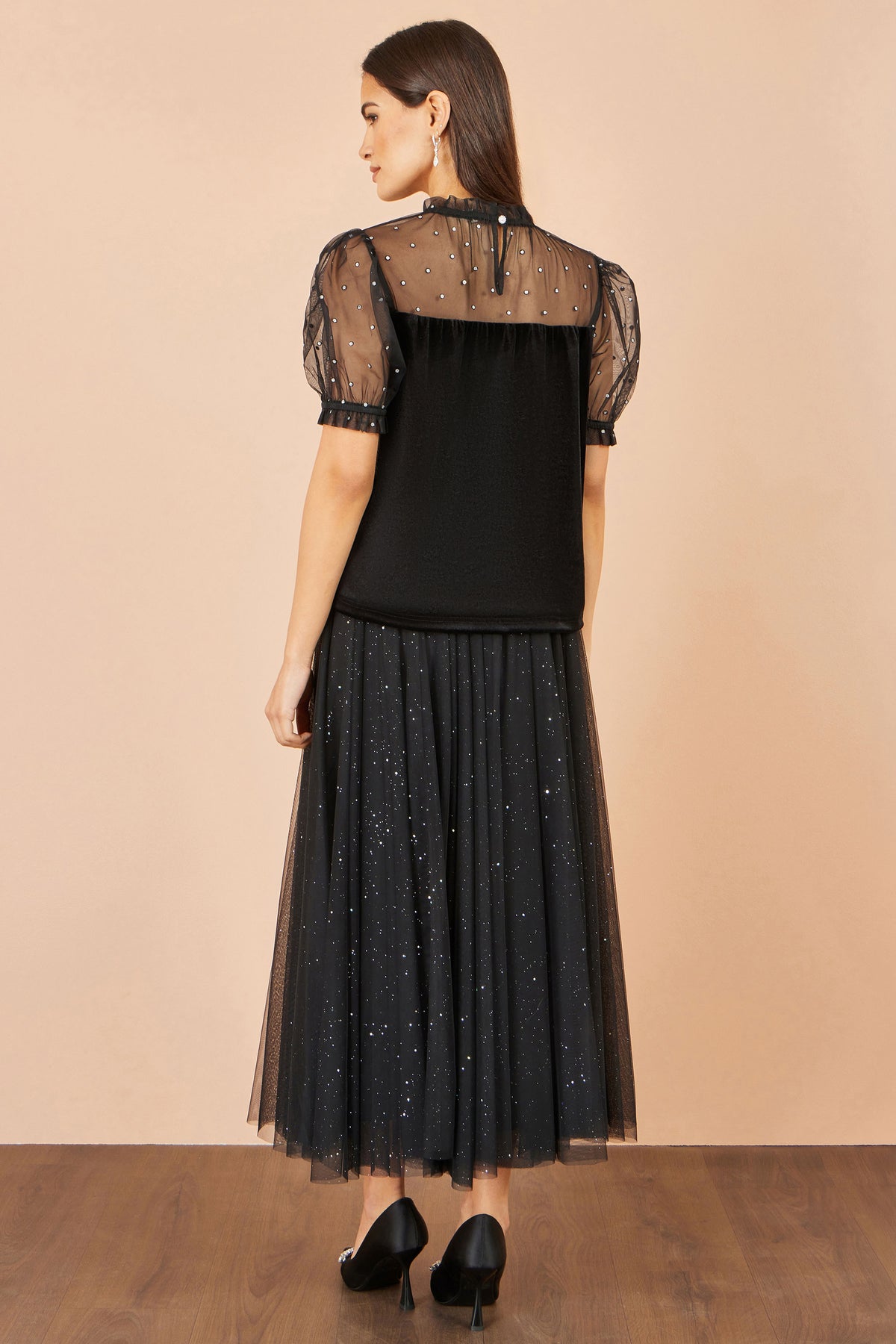 Yumi Black Velvet Mesh Embellished Top Tops Yumi