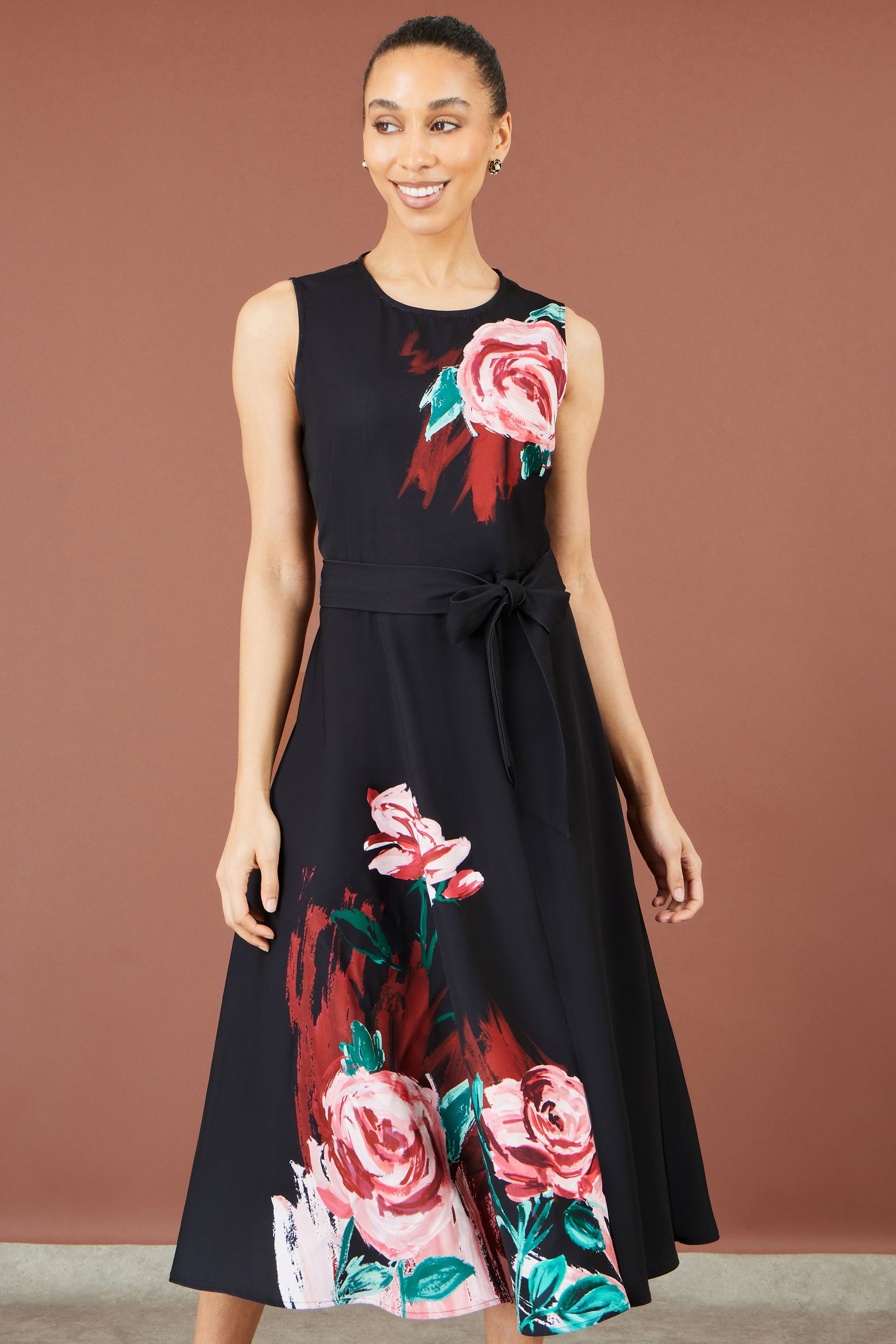 Yumi Black Abstract Floral Skater Midi Dress Dress Party Yumi
