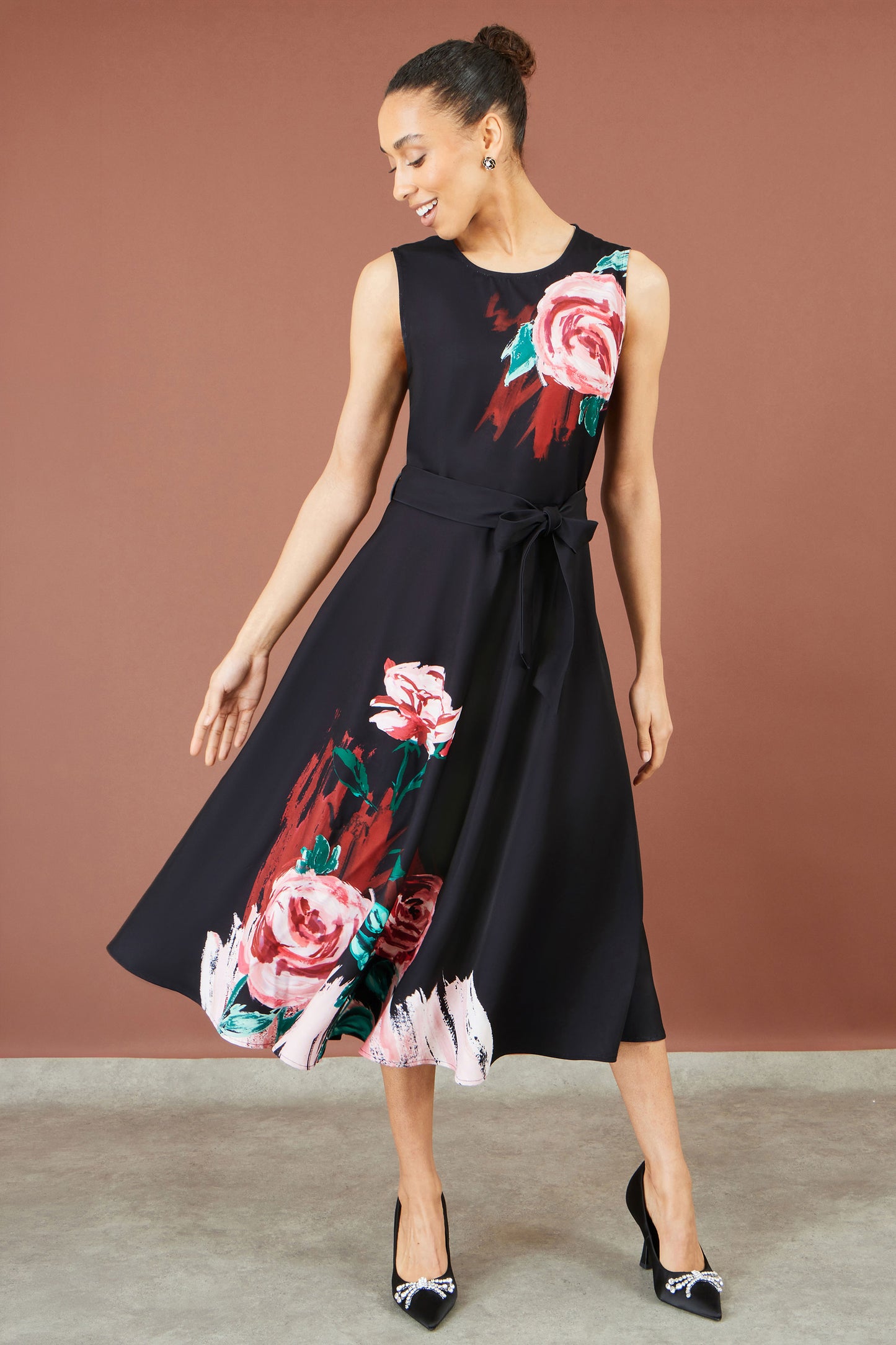 Yumi Black Abstract Floral Skater Midi Dress Dress Party Yumi