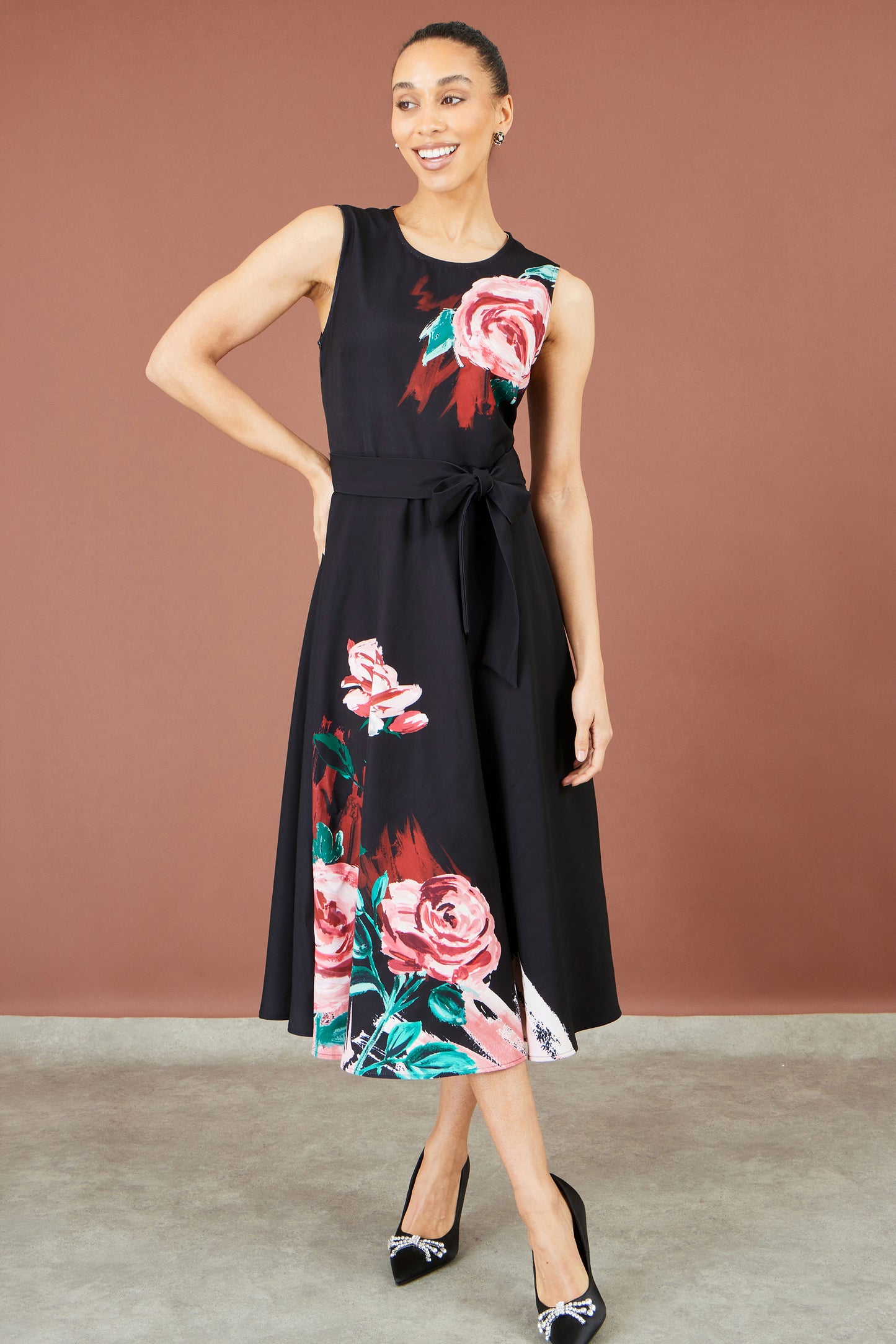 Yumi Black Abstract Floral Skater Midi Dress Dress Party Yumi