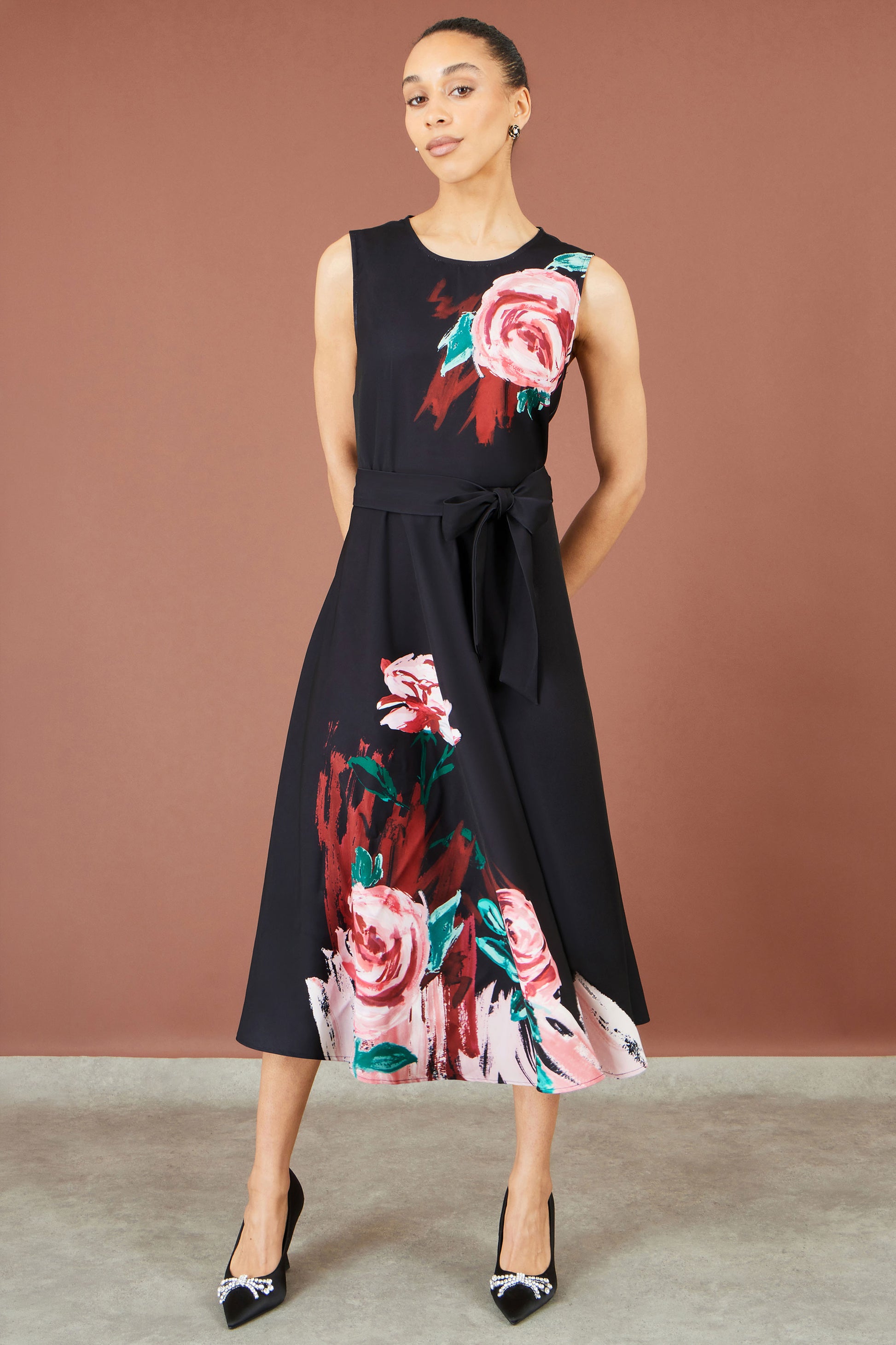 Yumi Black Abstract Floral Skater Midi Dress Dress Party Yumi