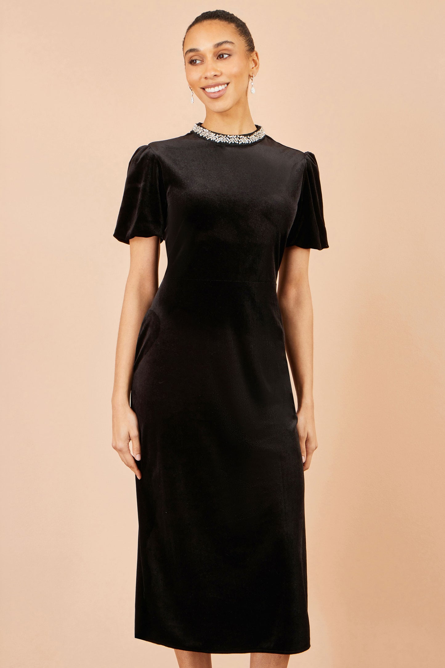 Yumi Black Velvet Embellised Neckline Midi Dress Dress Party Yumi