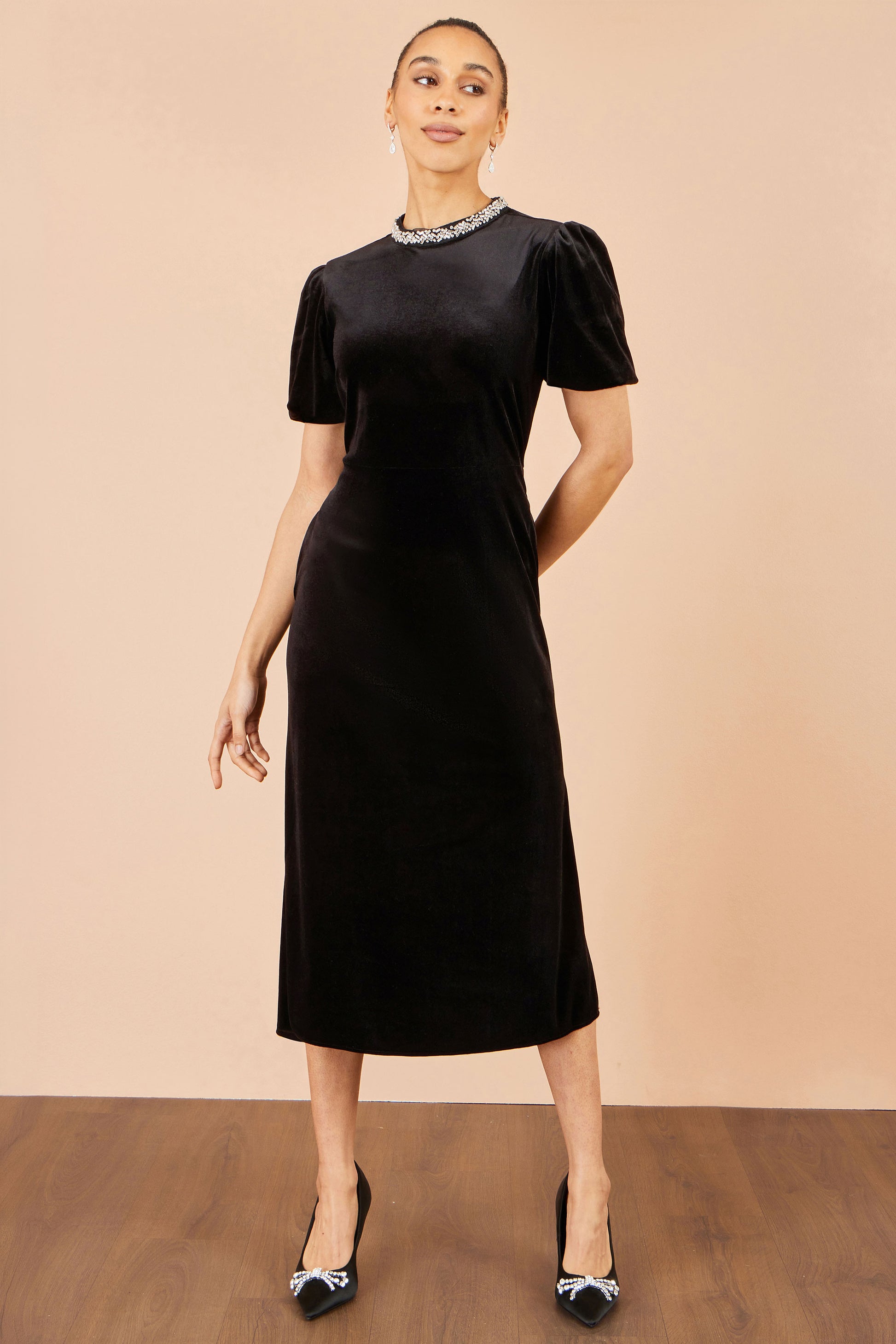 Yumi Black Velvet Embellised Neckline Midi Dress Dress Party Yumi
