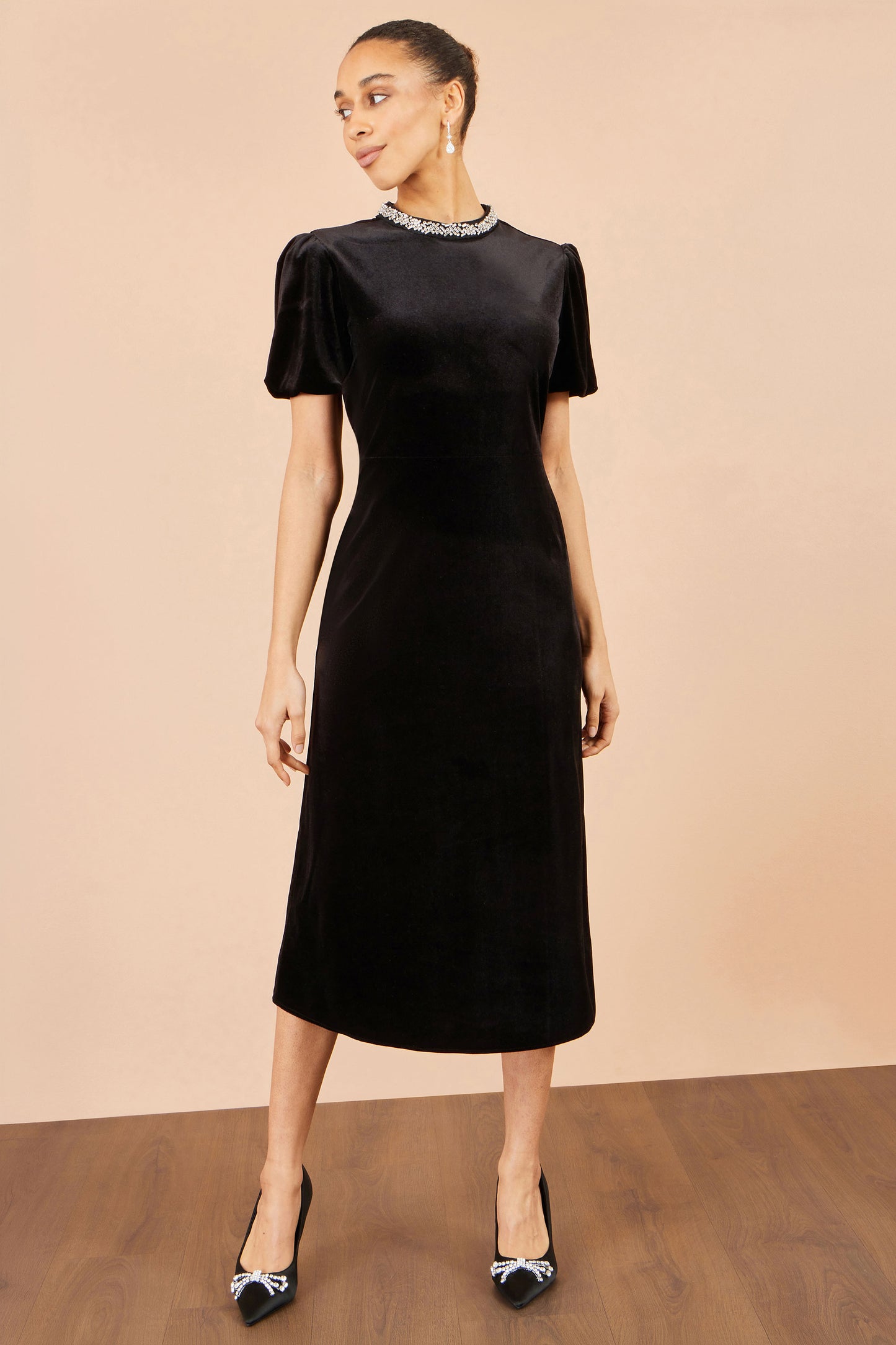 Yumi Black Velvet Embellised Neckline Midi Dress Dress Party Yumi