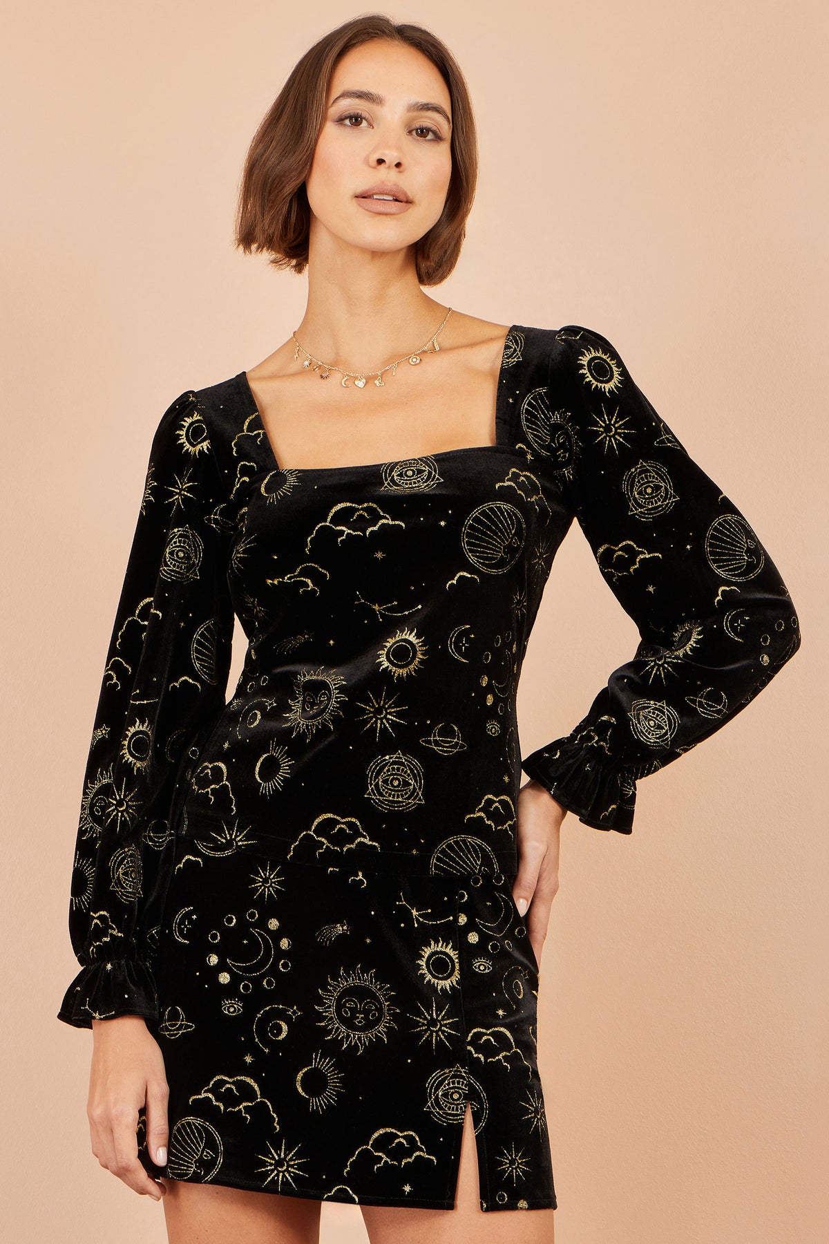 Yumi Black Velvet Cosmic Print Top Tops Yumi
