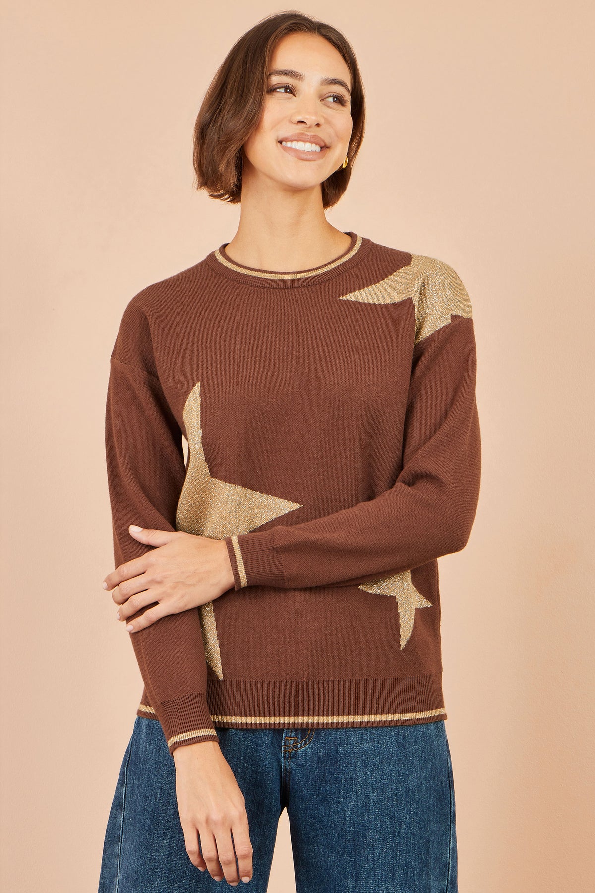 Yumi Brown Viscose Star Relaxed Jumper With Sparkle Knit Jumper Yumi