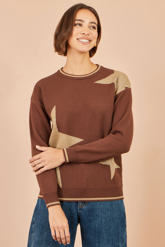 Yumi Brown Viscose Star Relaxed Jumper With Sparkle Knit Jumper Yumi