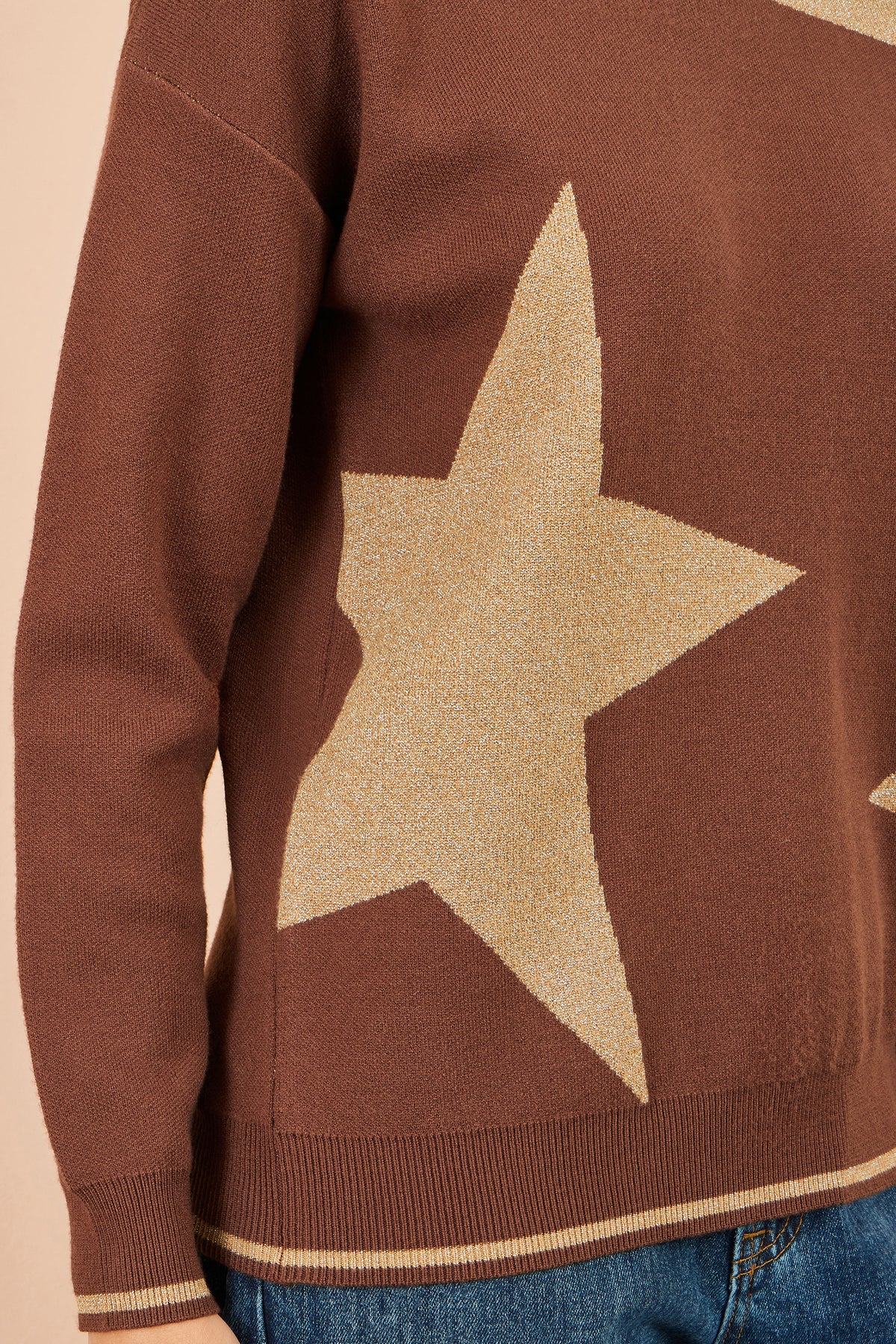 Yumi Brown Viscose Star Relaxed Jumper With Sparkle Knit Jumper Yumi