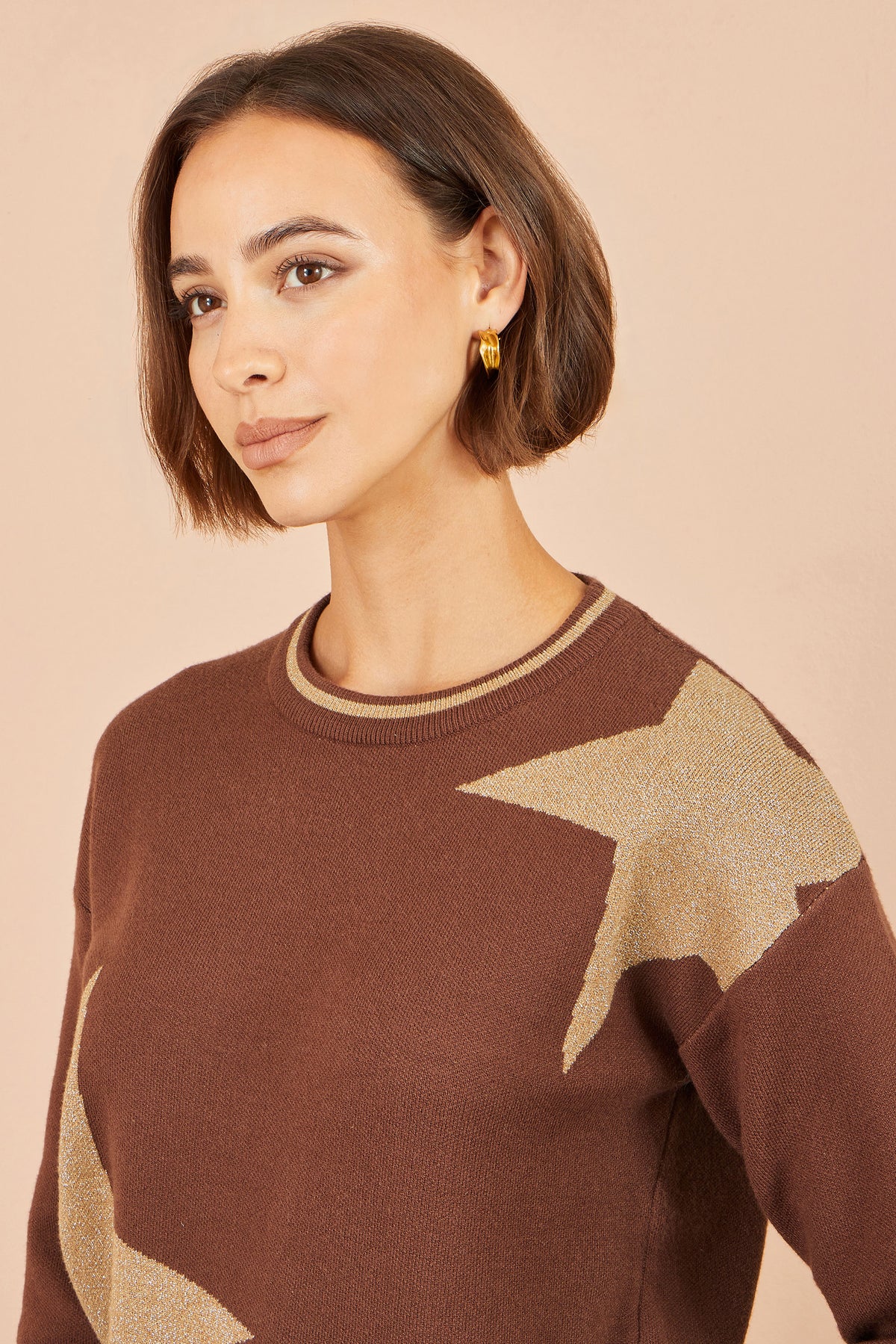 Yumi Brown Viscose Star Relaxed Jumper With Sparkle Knit Jumper Yumi