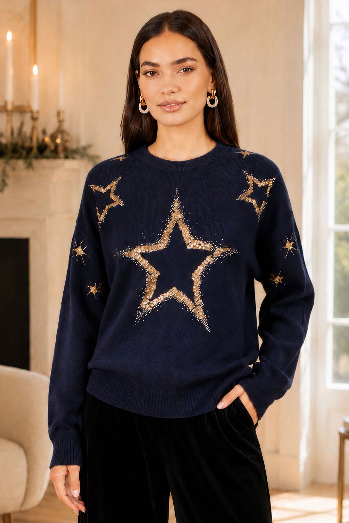 Yumi Navy Viscose Star Sequin Relaxed Jumper Knit Xmas Jumper Yumi