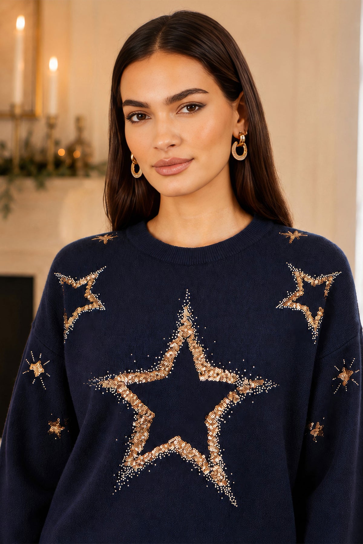 Yumi Navy Viscose Star Sequin Relaxed Jumper Knit Xmas Jumper Yumi