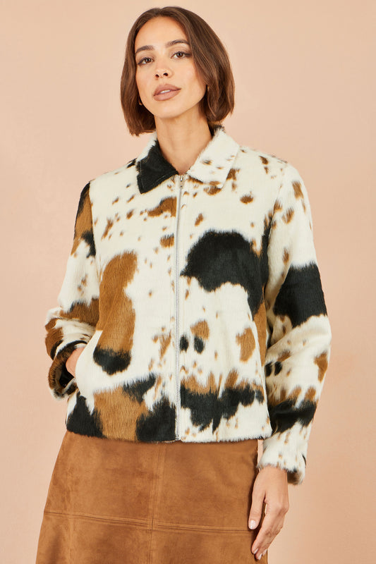 Yumi Brown Cow Print Faux Fur Zip Jacket Outerwear Yumi