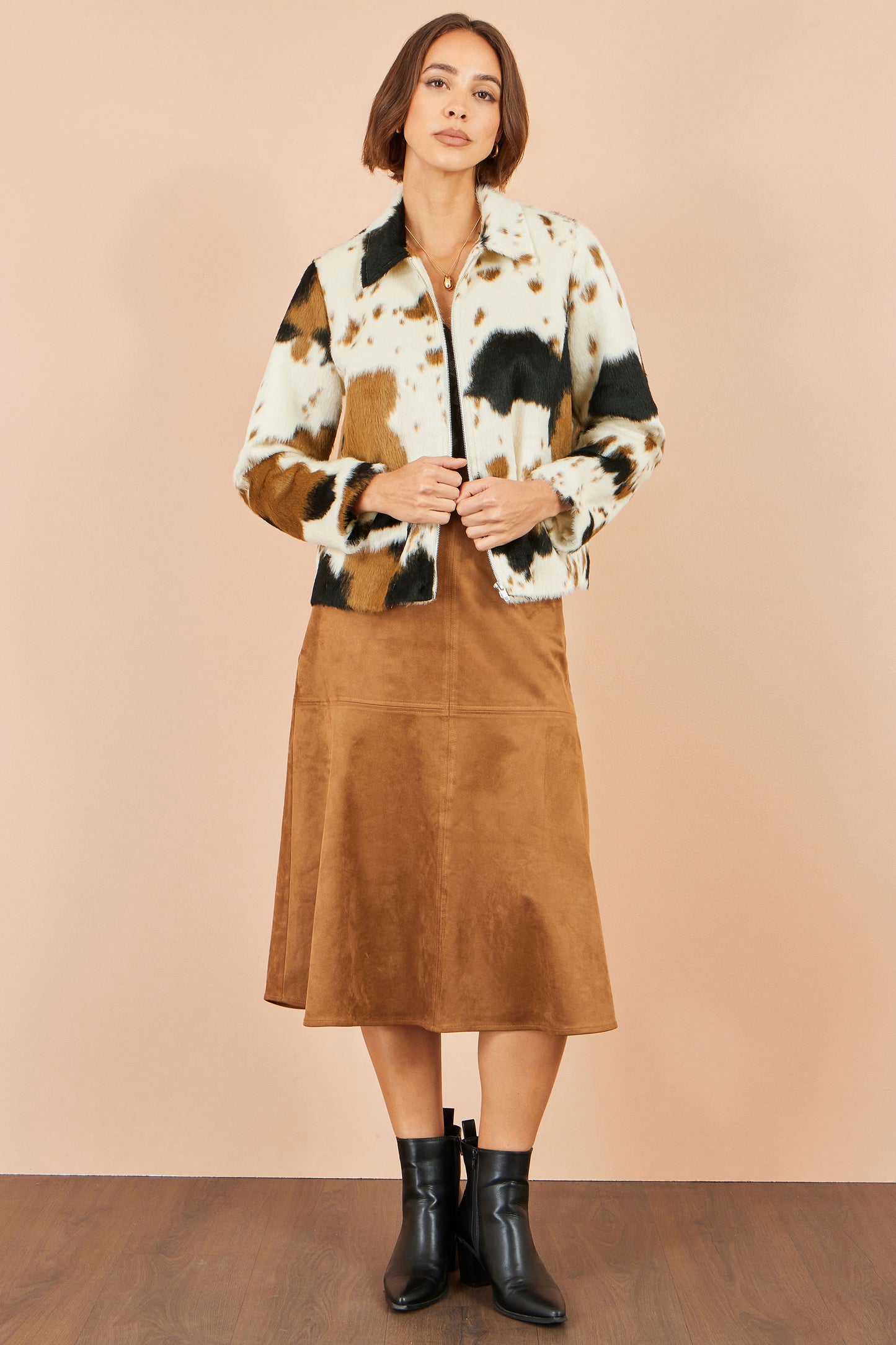 Yumi Brown Cow Print Faux Fur Zip Jacket Outerwear Yumi