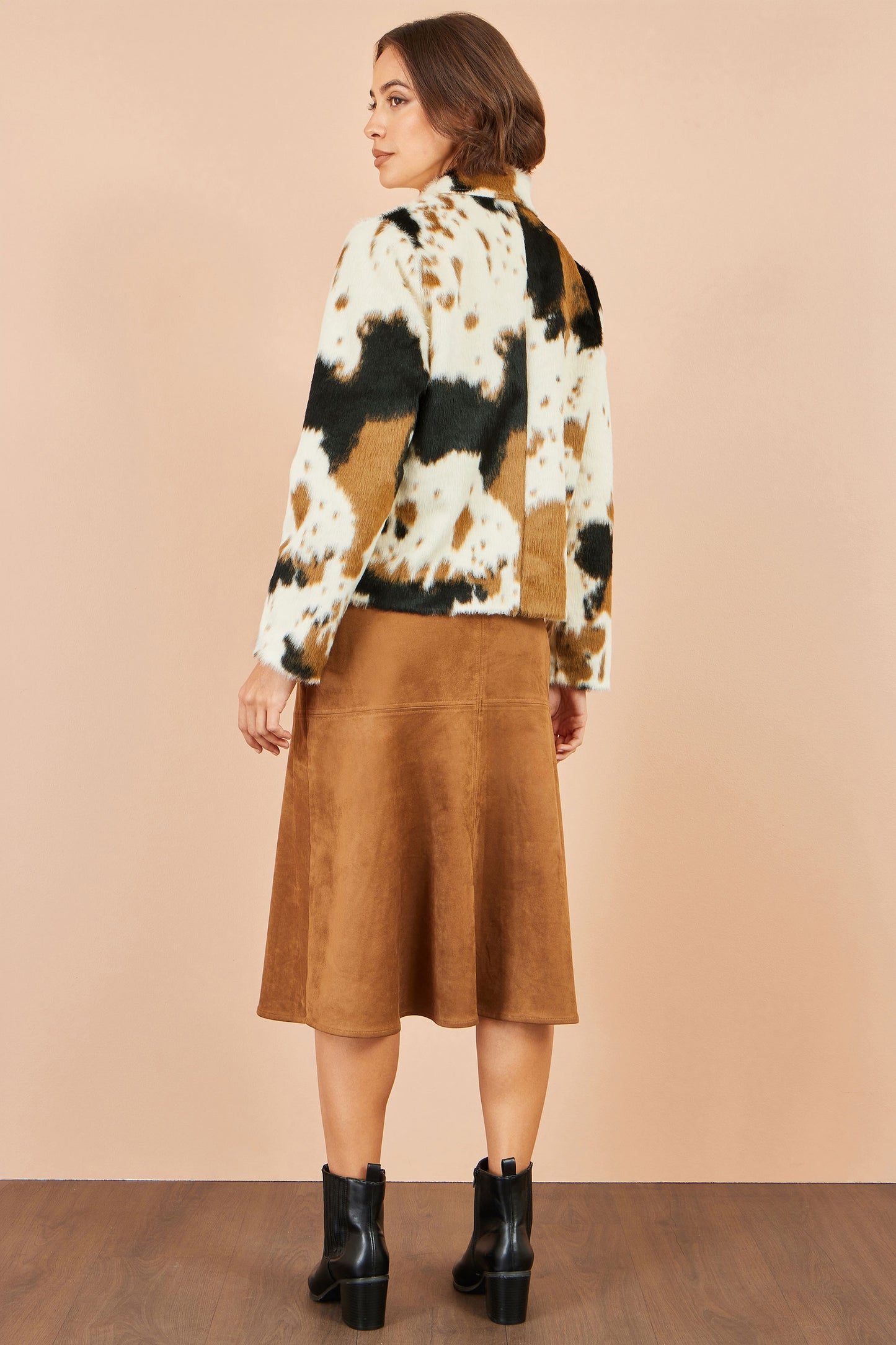 Yumi Brown Cow Print Faux Fur Zip Jacket Outerwear Yumi