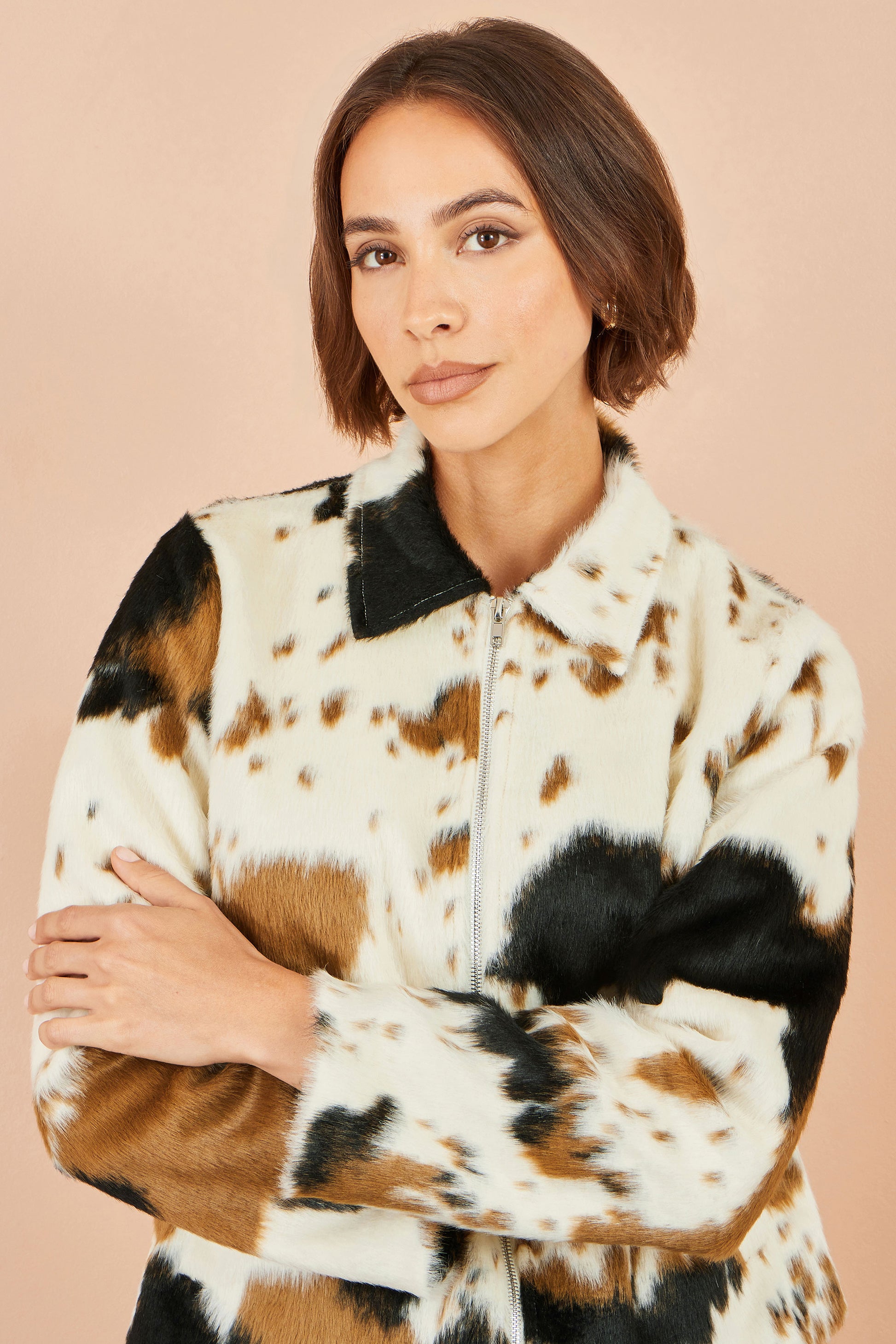 Yumi Brown Cow Print Faux Fur Zip Jacket Outerwear Yumi