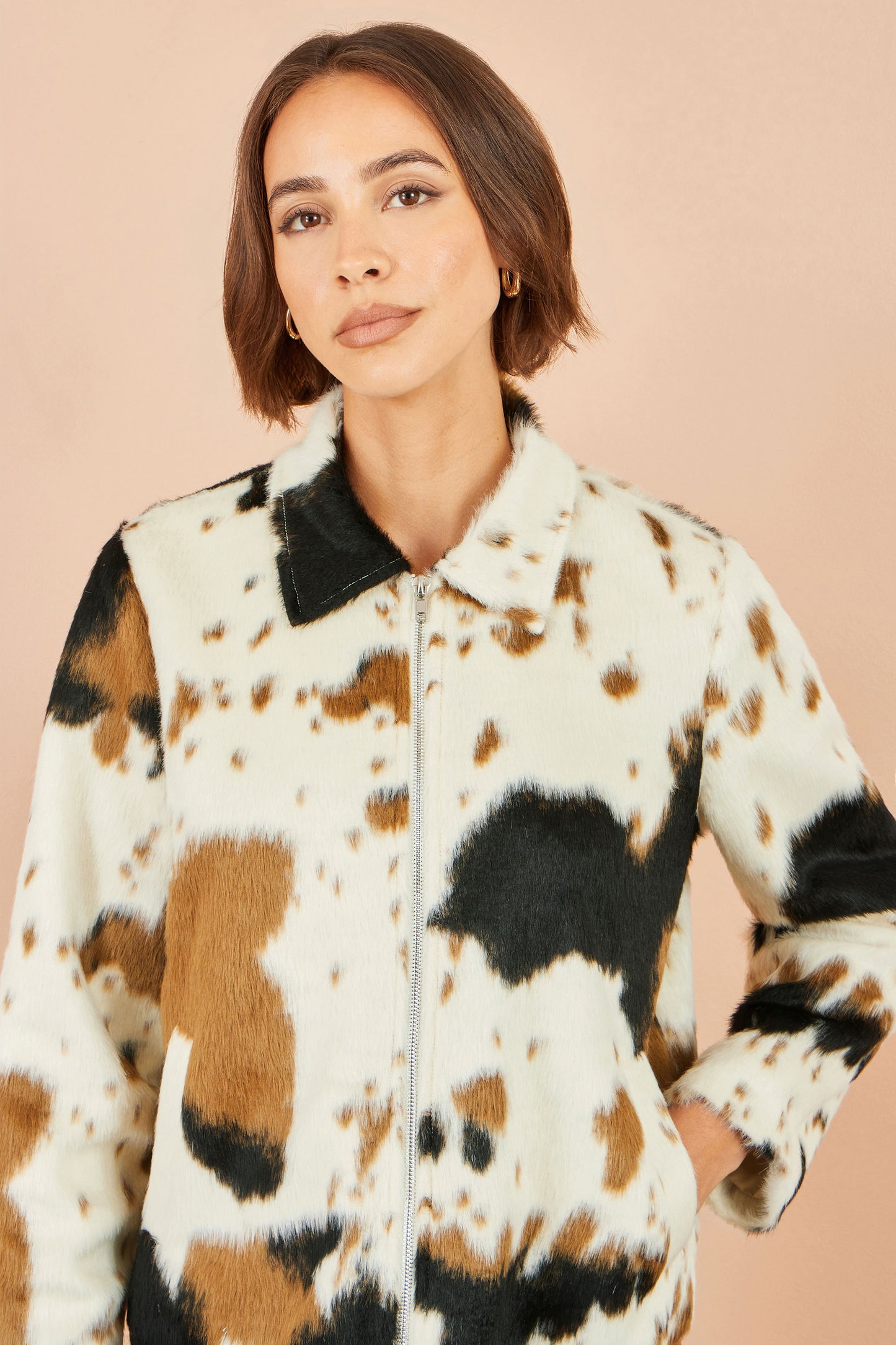 Yumi Brown Cow Print Faux Fur Zip Jacket Outerwear Yumi