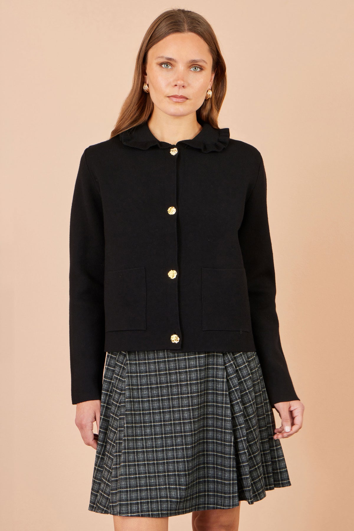 Yumi Black Knitted Frill Collar Jacket Knit Cardigan Yumi