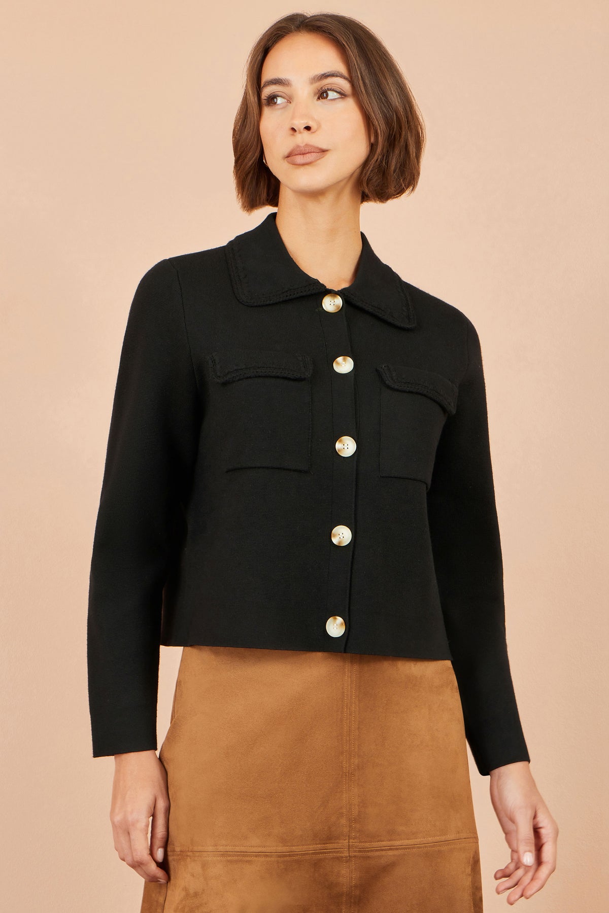 Yumi Black Knitted Box Jacket With Pockets Knit Cardigan Yumi