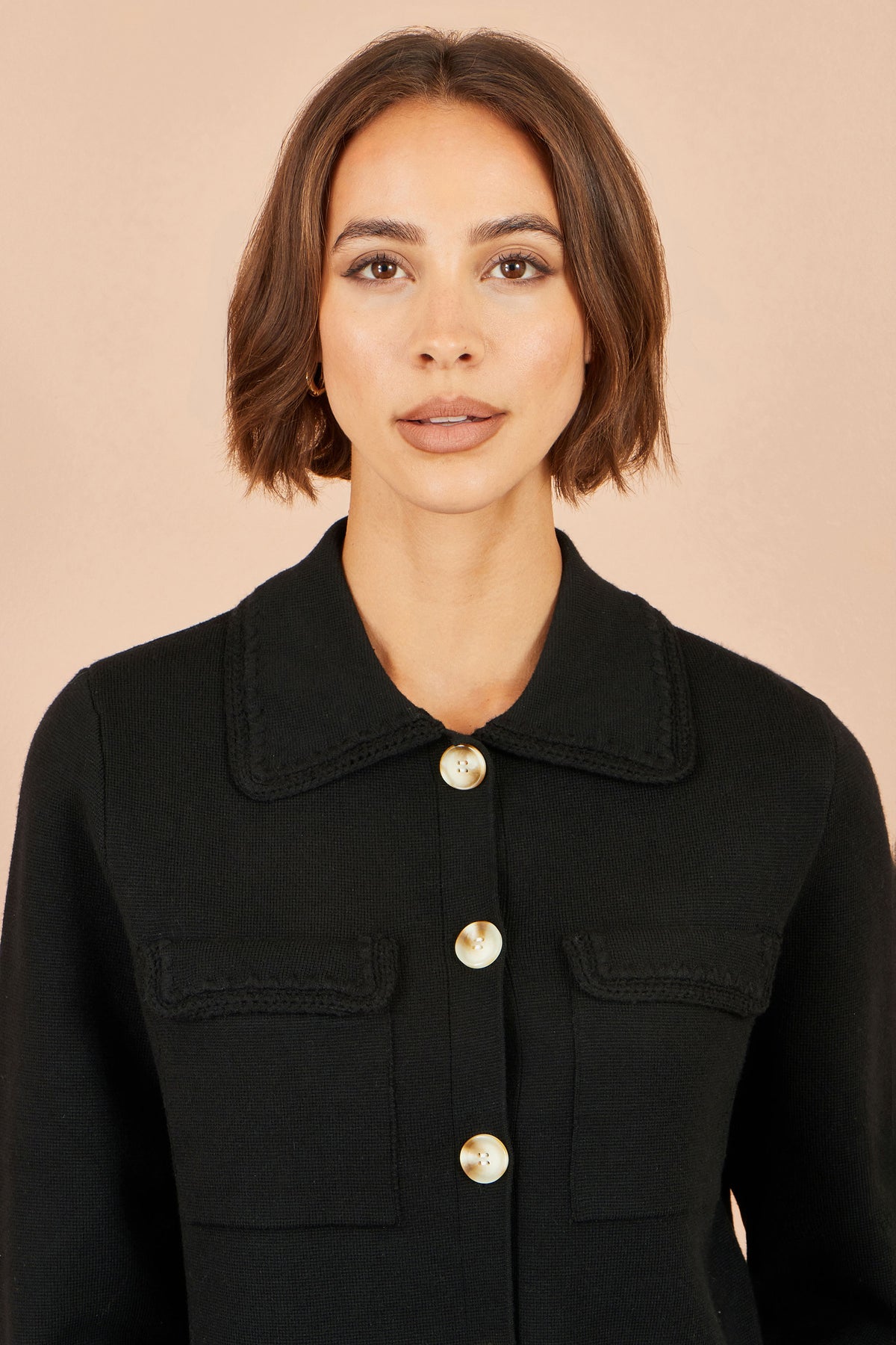 Yumi Black Knitted Box Jacket With Pockets Knit Cardigan Yumi