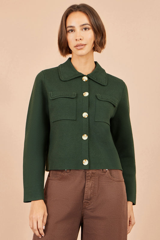 Yumi Green Knitted Box Jacket With Pockets Knit Cardigan Yumi