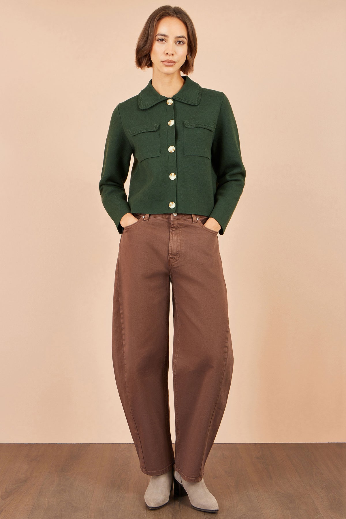 Yumi Green Knitted Box Jacket With Pockets Knit Cardigan Yumi