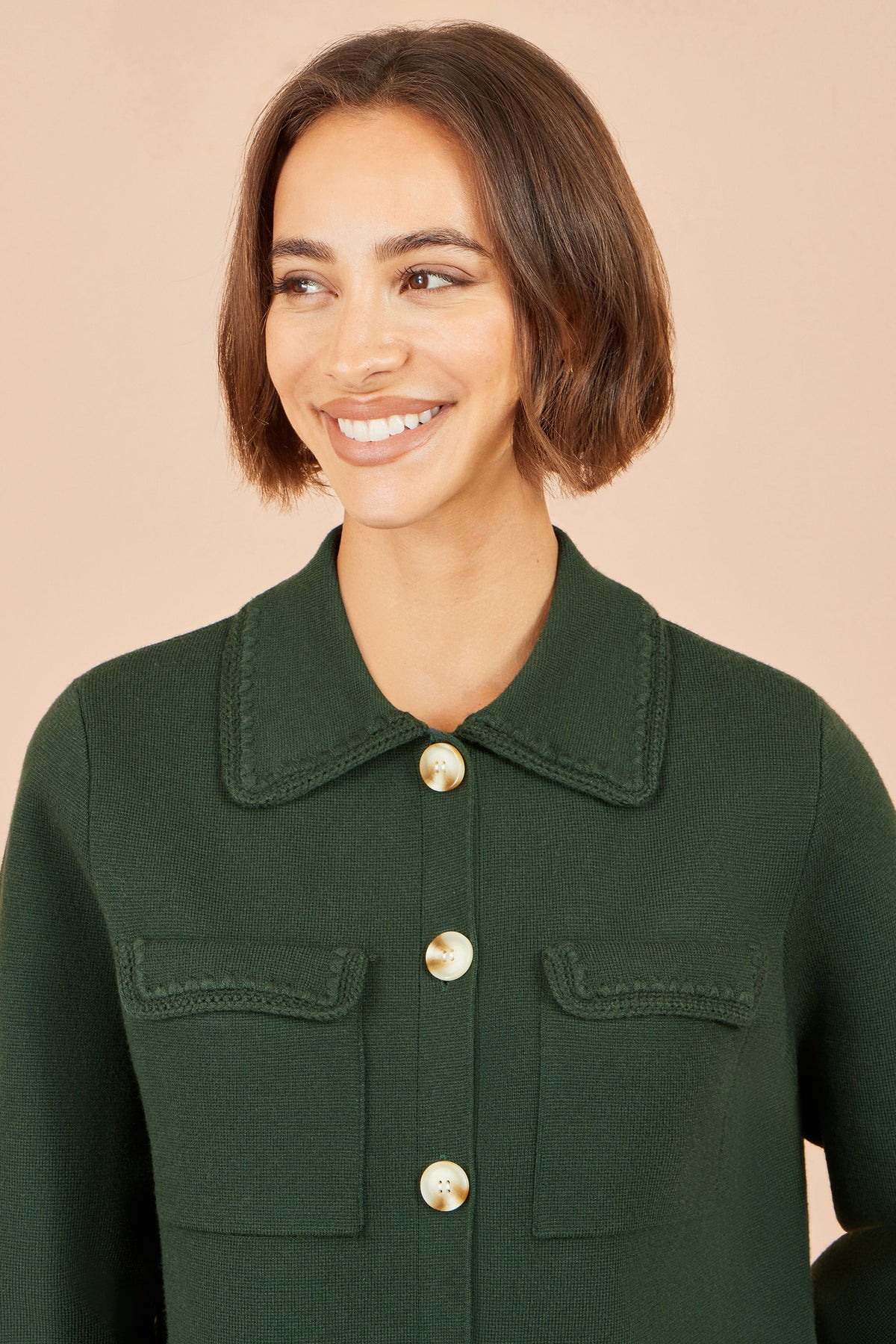 Yumi Green Knitted Box Jacket With Pockets Knit Cardigan Yumi