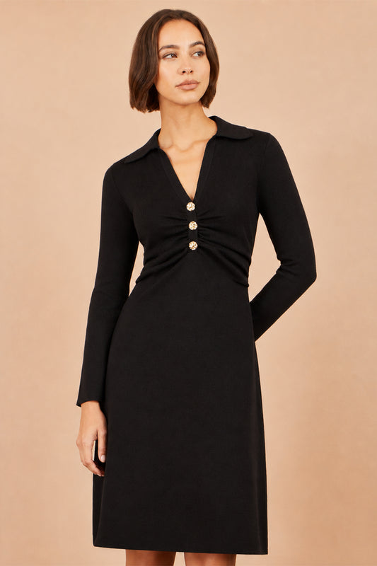 Yumi Black Knitted Ruched Collar Dress Knit Dress Yumi