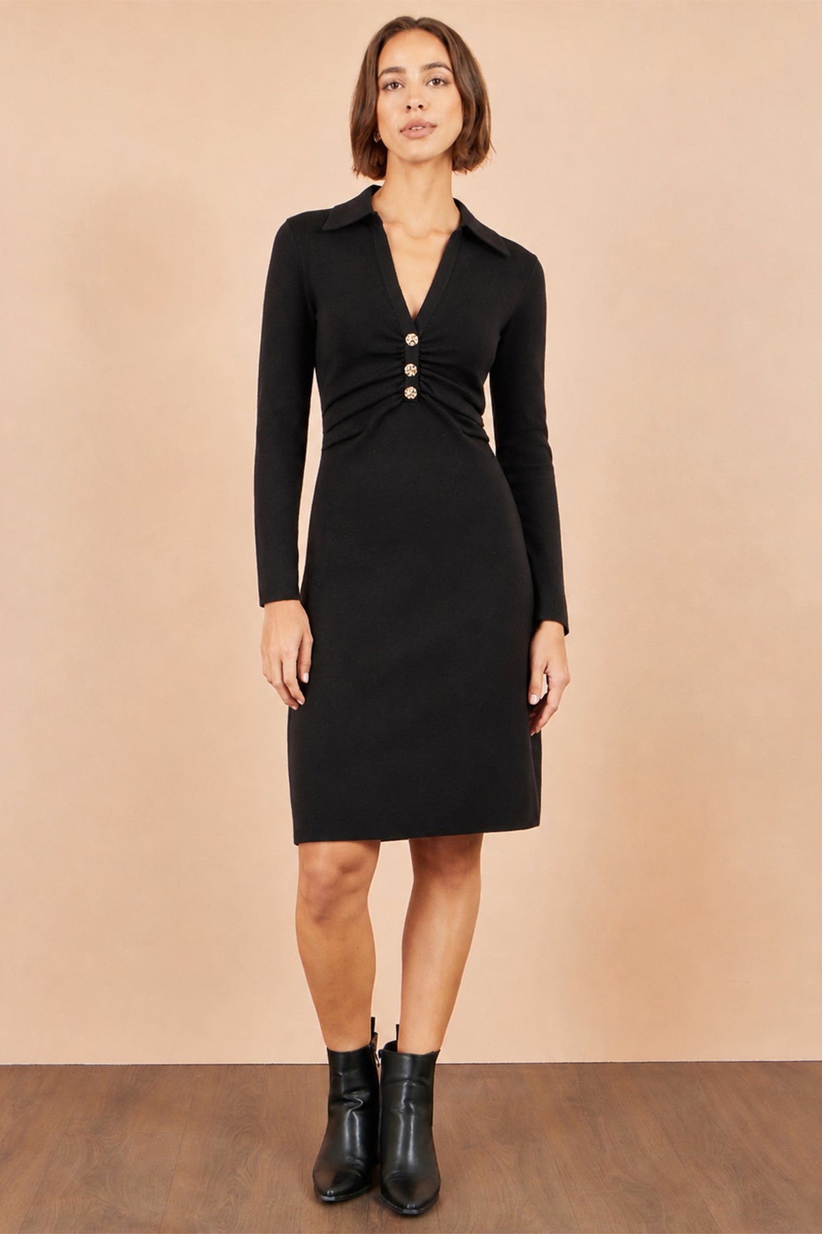 Yumi Black Knitted Ruched Collar Dress Knit Dress Yumi