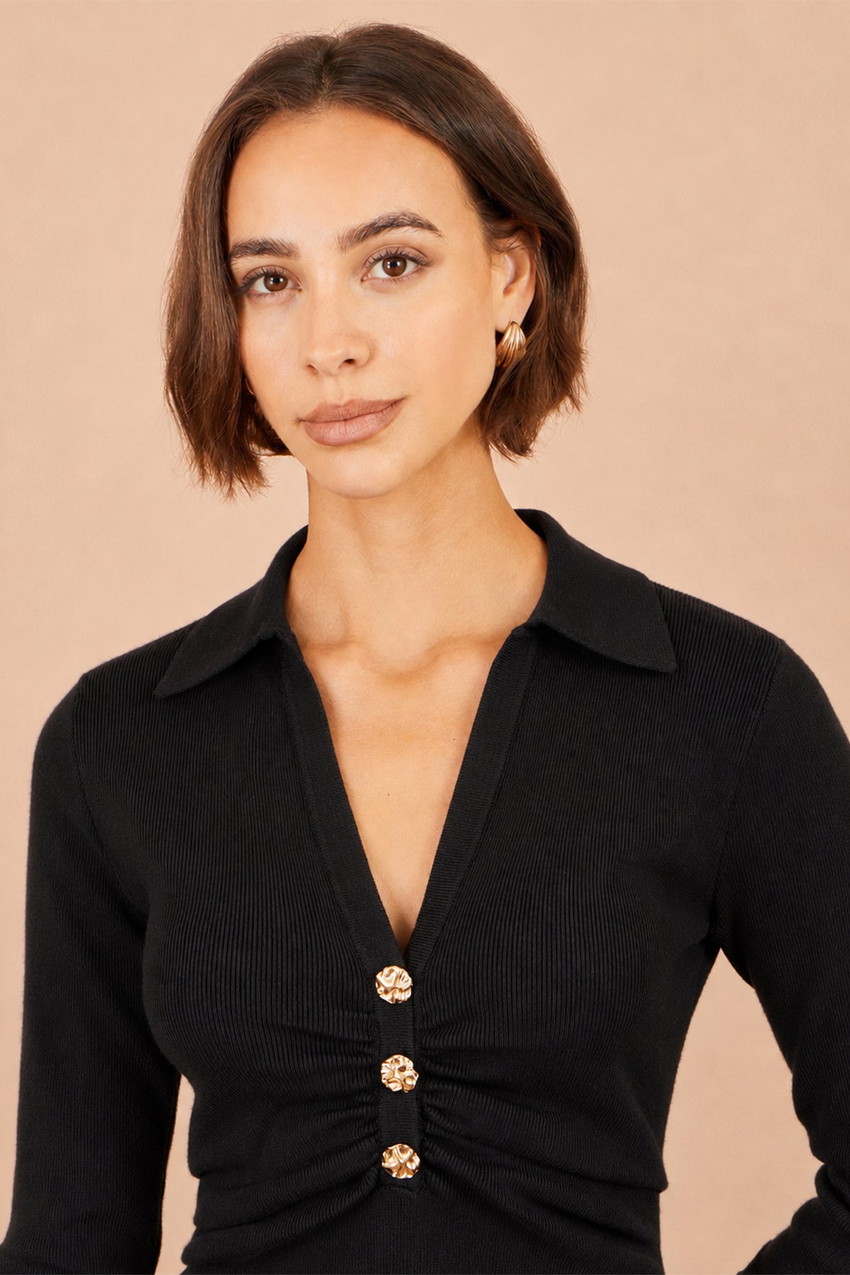 Yumi Black Knitted Ruched Collar Dress Knit Dress Yumi
