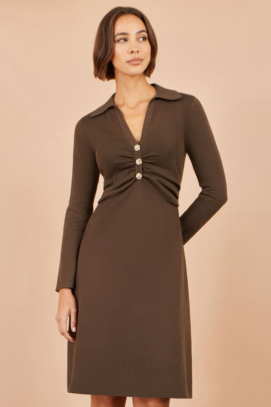 Yumi Brown Knitted Ruched Collar Dress Knit Dress Yumi