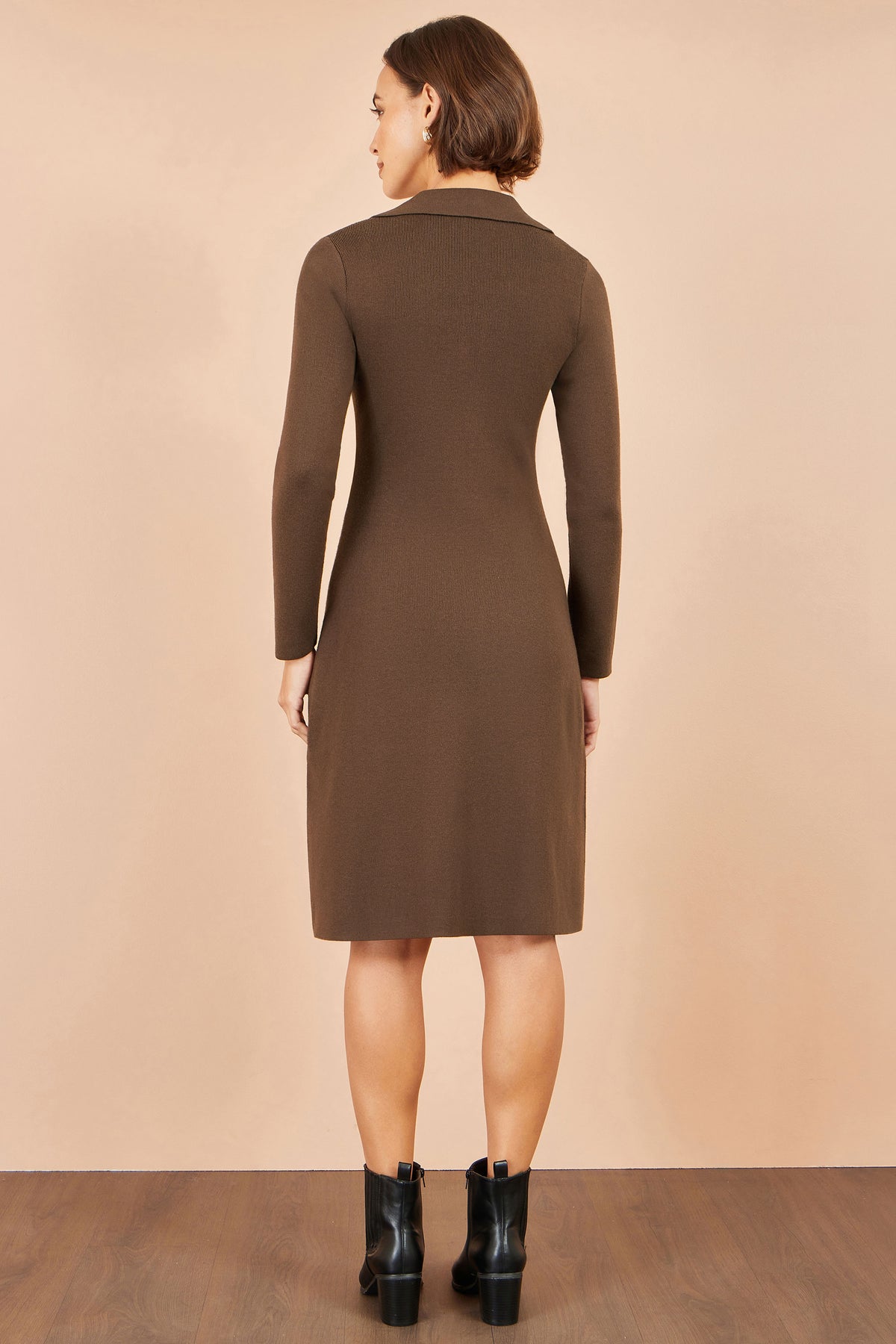 Yumi Brown Knitted Ruched Collar Dress Knit Dress Yumi