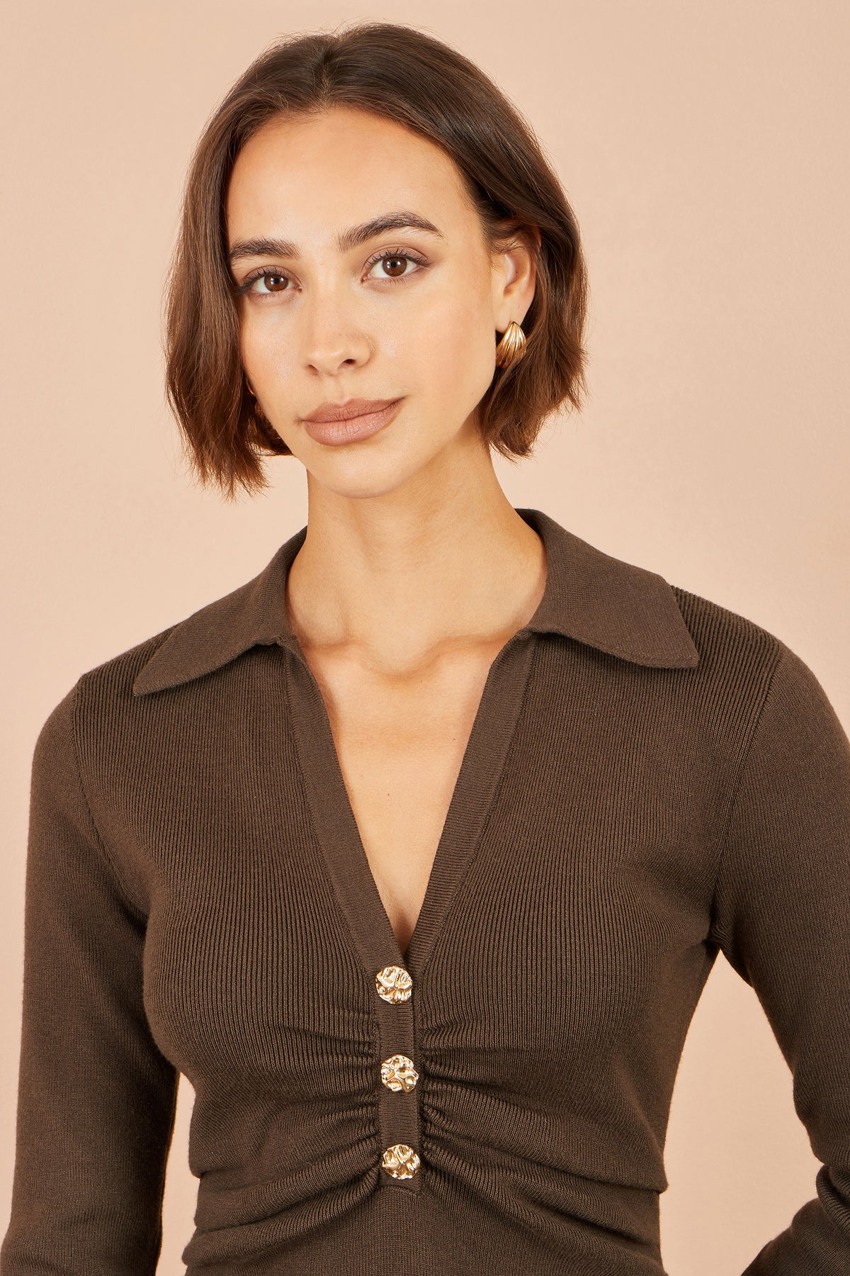 Yumi Brown Knitted Ruched Collar Dress Knit Dress Yumi